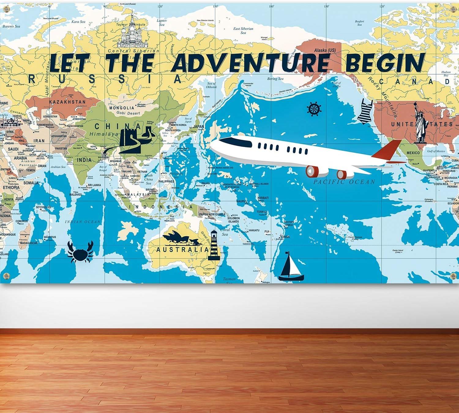 Adventure Awaits Backdrop Large Travel Theme Banner Decoration Let The Adventure Begin World Map Dessert Table