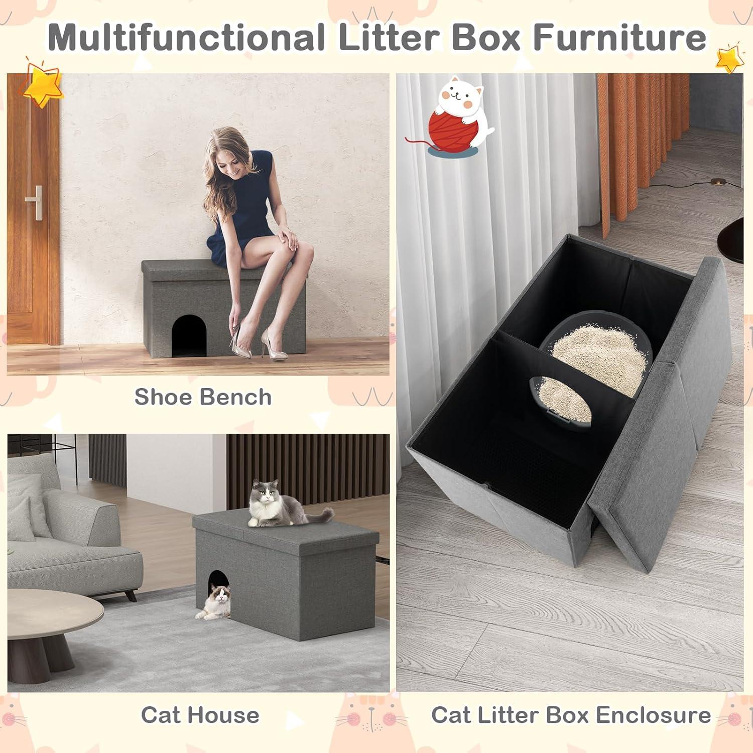 Cat Litter Box Enclosure Hidden Furniture with Urine Proof Litter Mat-Gray, Cat Litter Box Enclosure , Hidden Cat Washroom Furniture, Pet Crate for Living Room, Bedroom, Balcony