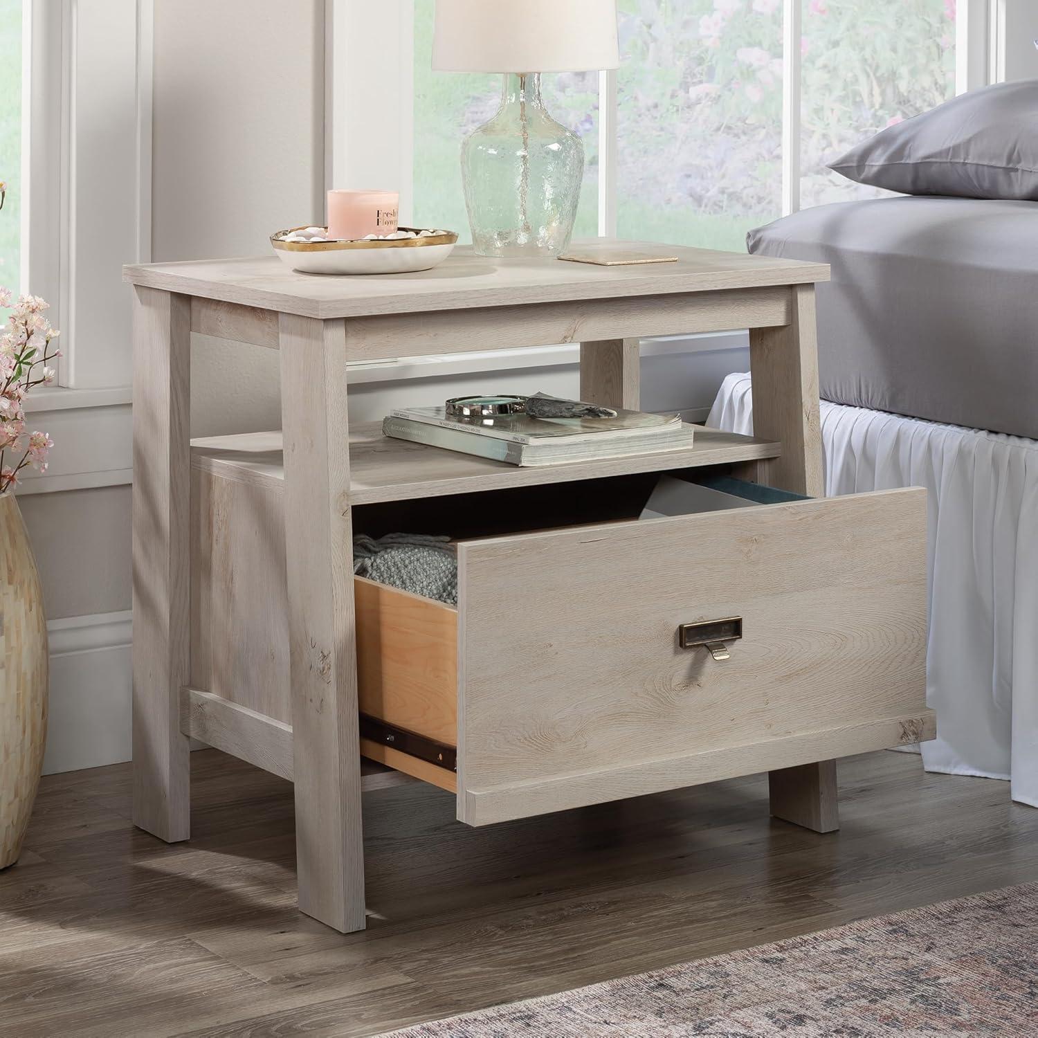 Trestle 1 Drawer Night Stand Chalked Chestnut - Sauder: Open Shelf, Smooth Metal Runners, MDF Construction