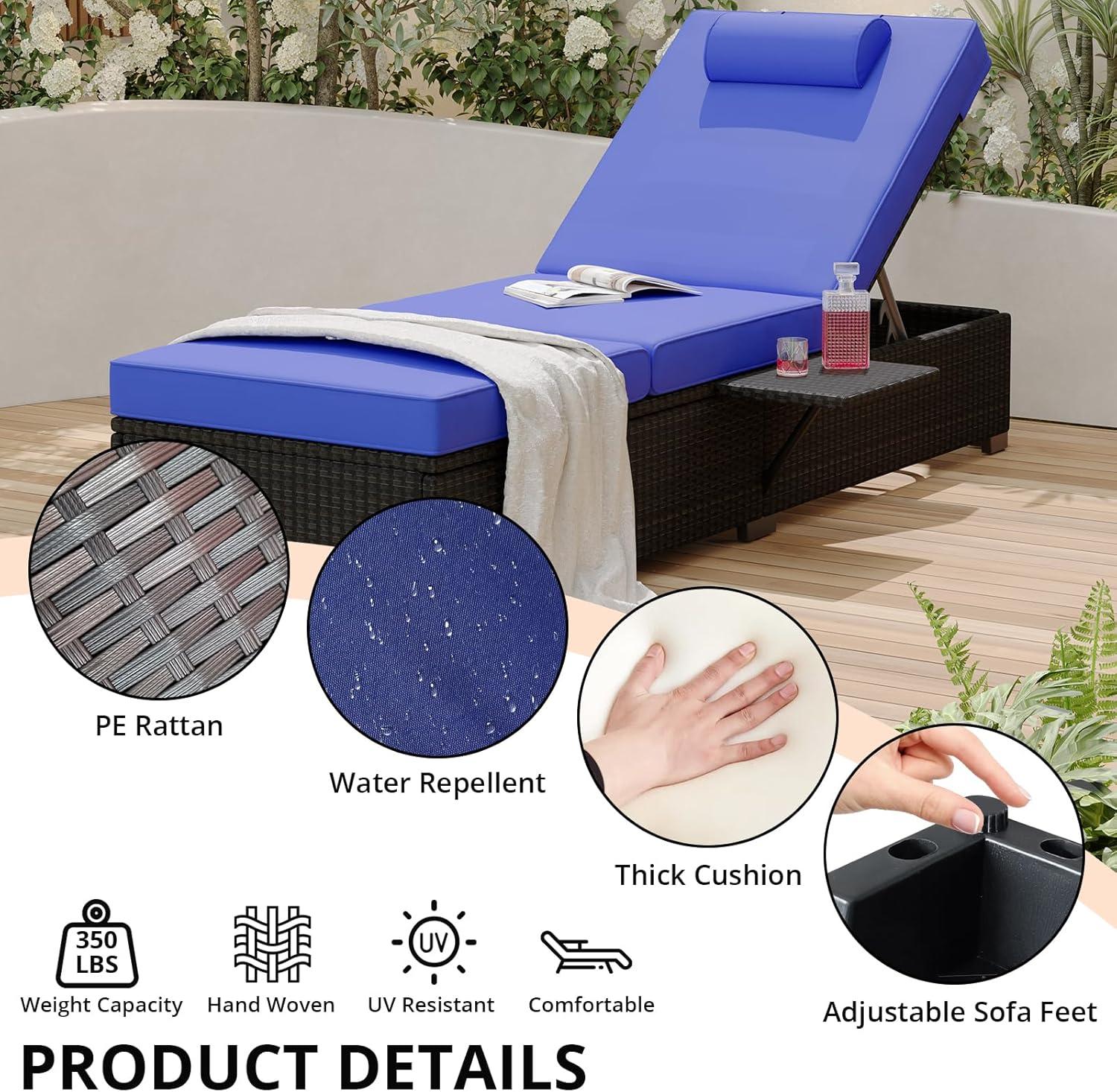 Lounge Chairs Outdoor Set of 2, PE Rattan Chaise Lounge Chair with 5-Position Adjustable Backrest for Patio Beach Pool Deck Backyard, Beige