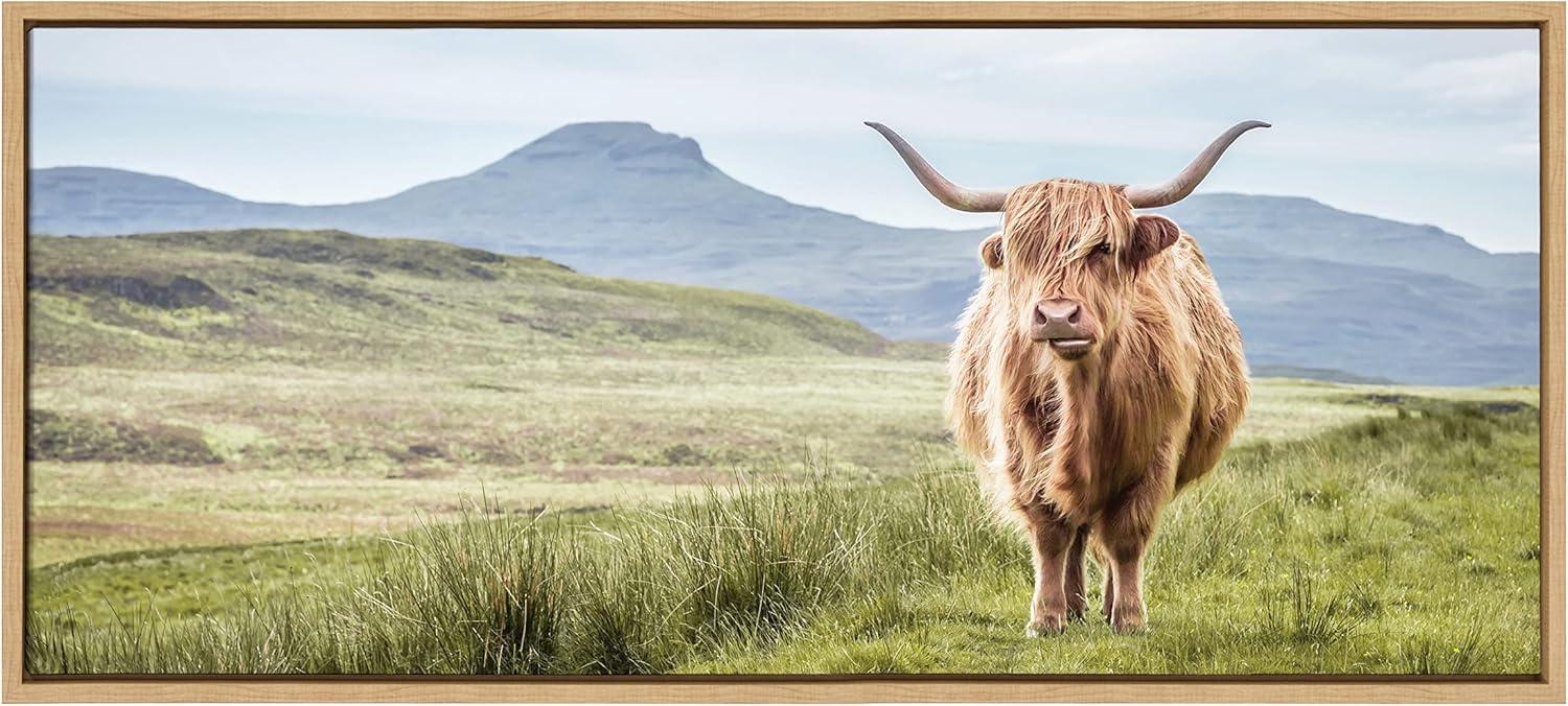 Kate and Laurel Sylvie Highland Cow Mountain Landscape Framed Canvas by The Creative Bunch Studio