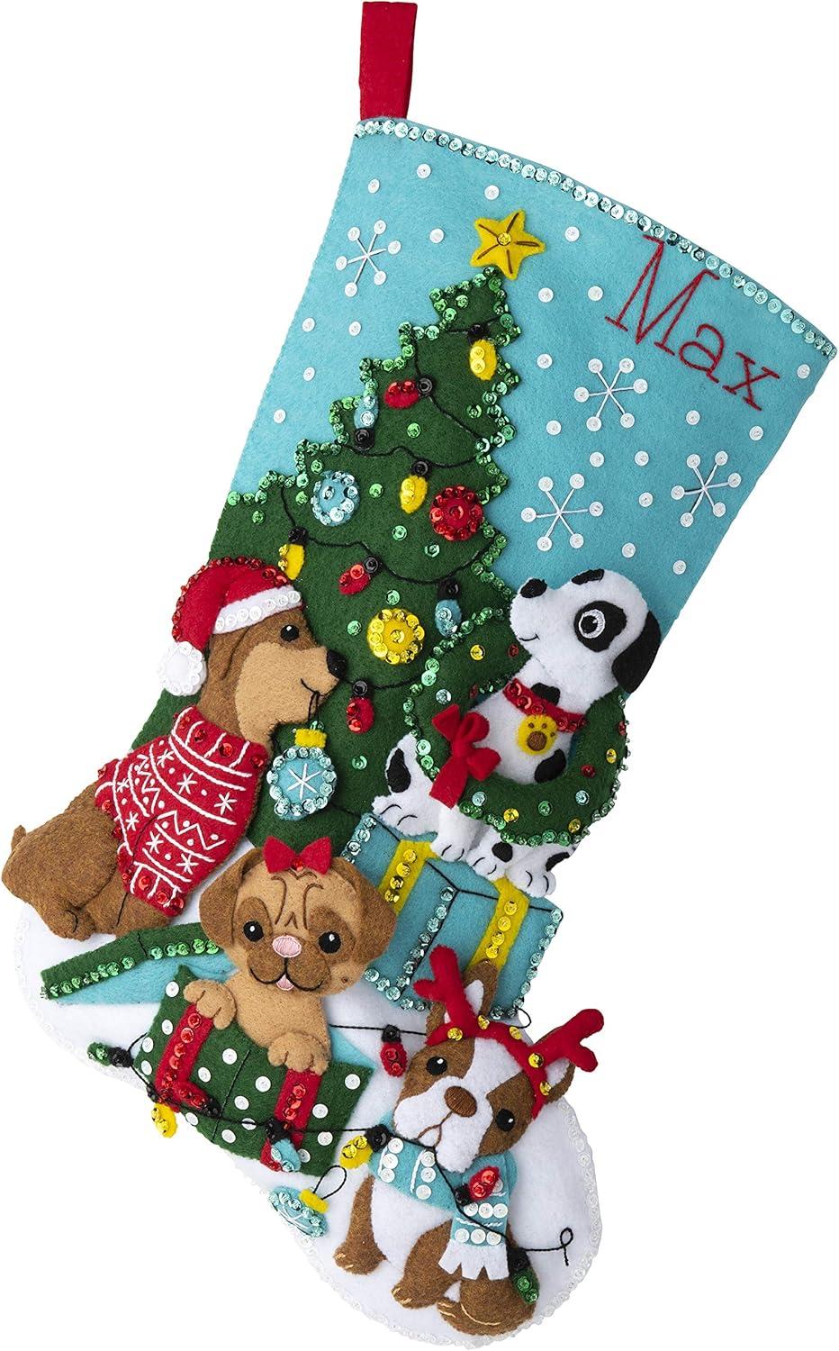 Bucilla Felt Applique DIY Christmas Stocking Kit, Christmas Dogs, 18"