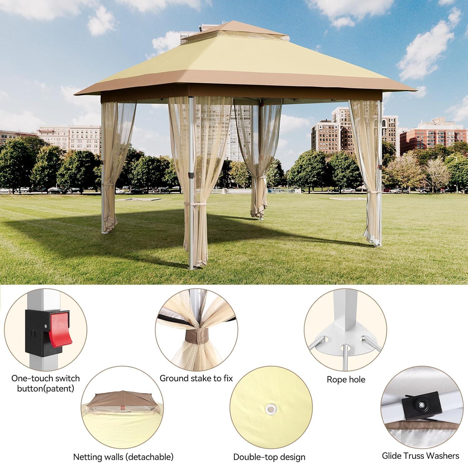 11'x11' Gazebo Outdoor Pop up Canopy Tent with Curtains and 121 Square Shelter for Patio,Backyard Party, with Mosquito Netting, 2-Tiered Vented Top,Beige