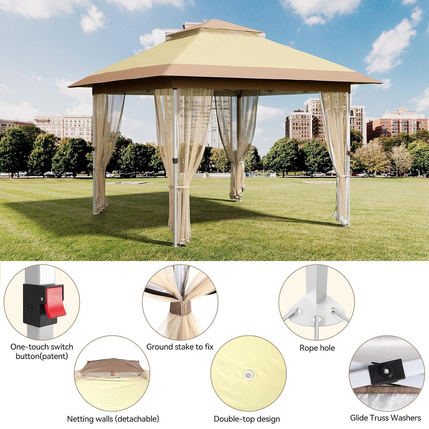 11'x11' Gazebo Outdoor Pop up Canopy Tent with Curtains and 121 Square Shelter for Patio,Backyard Party, with Mosquito Netting, 2-Tiered Vented Top,Beige