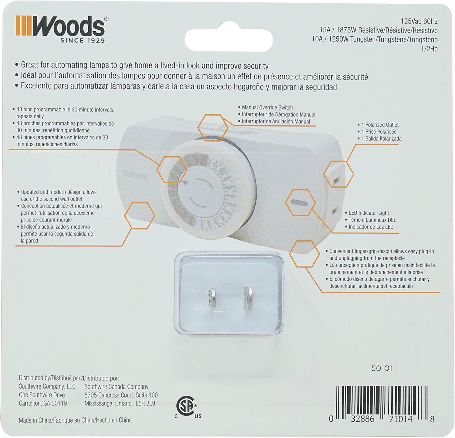 Woods 50101WD Easy-to-use Narrow Style Indoor 24-Hour Mechanical Timer, Single 2-prong (polarized) Outlet, White