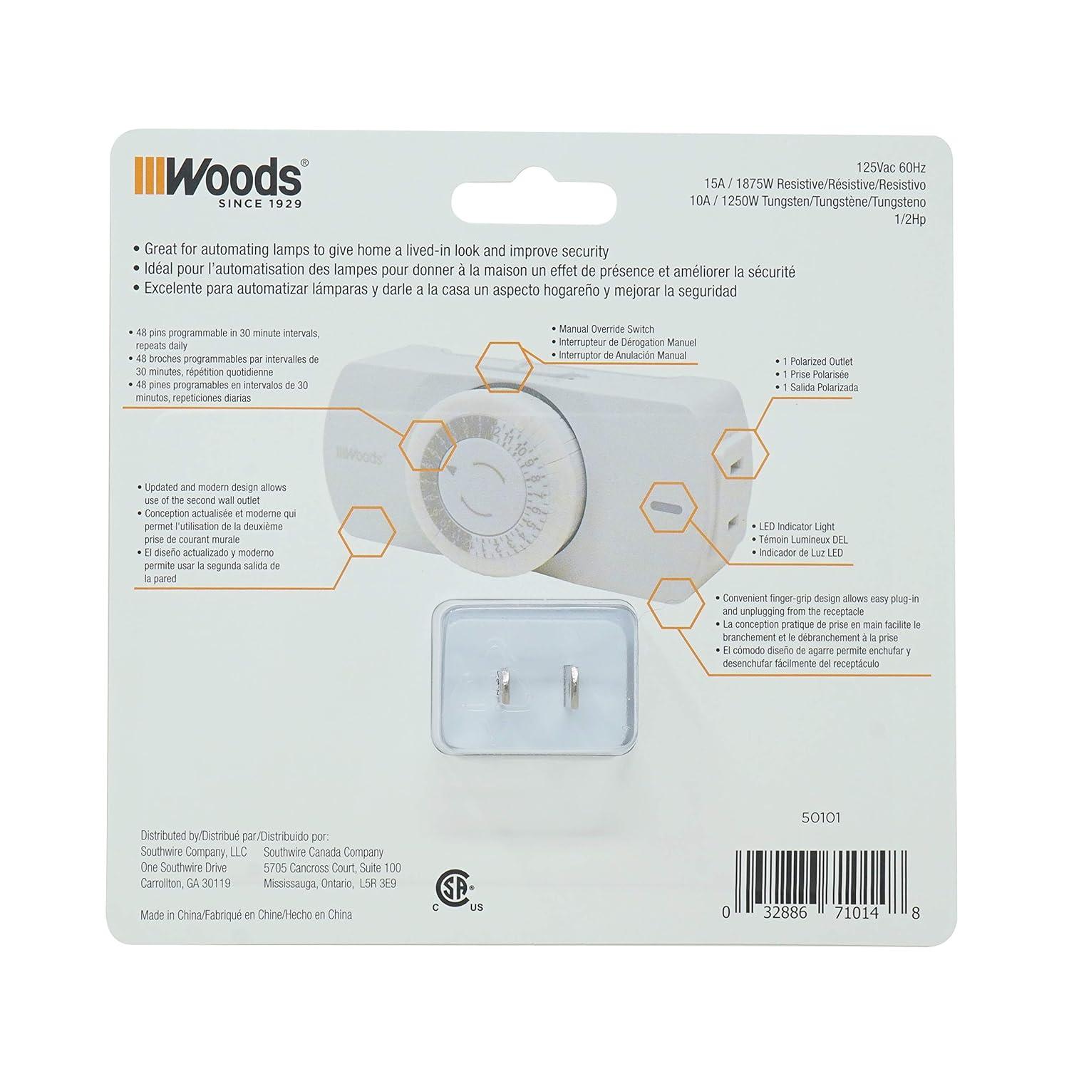Woods 50101WD Easy-to-use Narrow Style Indoor 24-Hour Mechanical Timer, Single 2-prong (polarized) Outlet, White