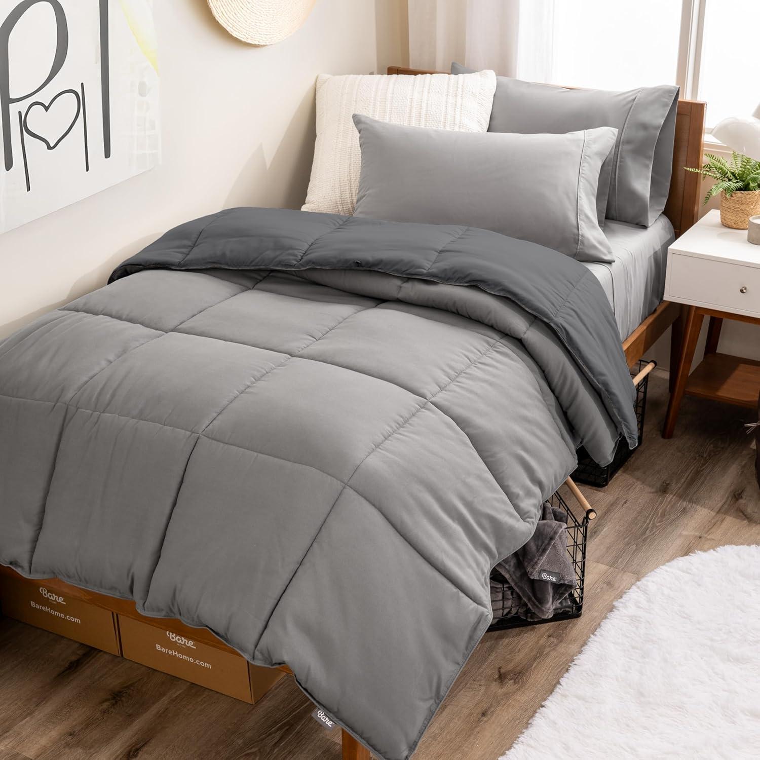 Bare Home 4-Piece Reversible Bed-in-a-Bag - Premium 1800 Collection - Twin XL, Light Gray/Gray Comforter with Gray Sheet Set