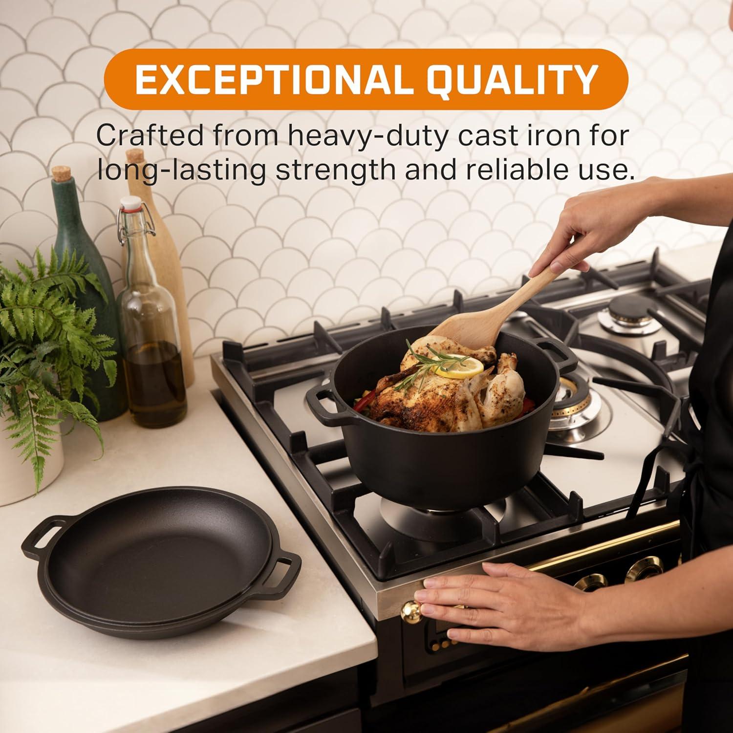 Bruntmor | 2 In 1 Enameled Cast Iron Double Dutch Oven Skillet Lid 5-Quart | 1