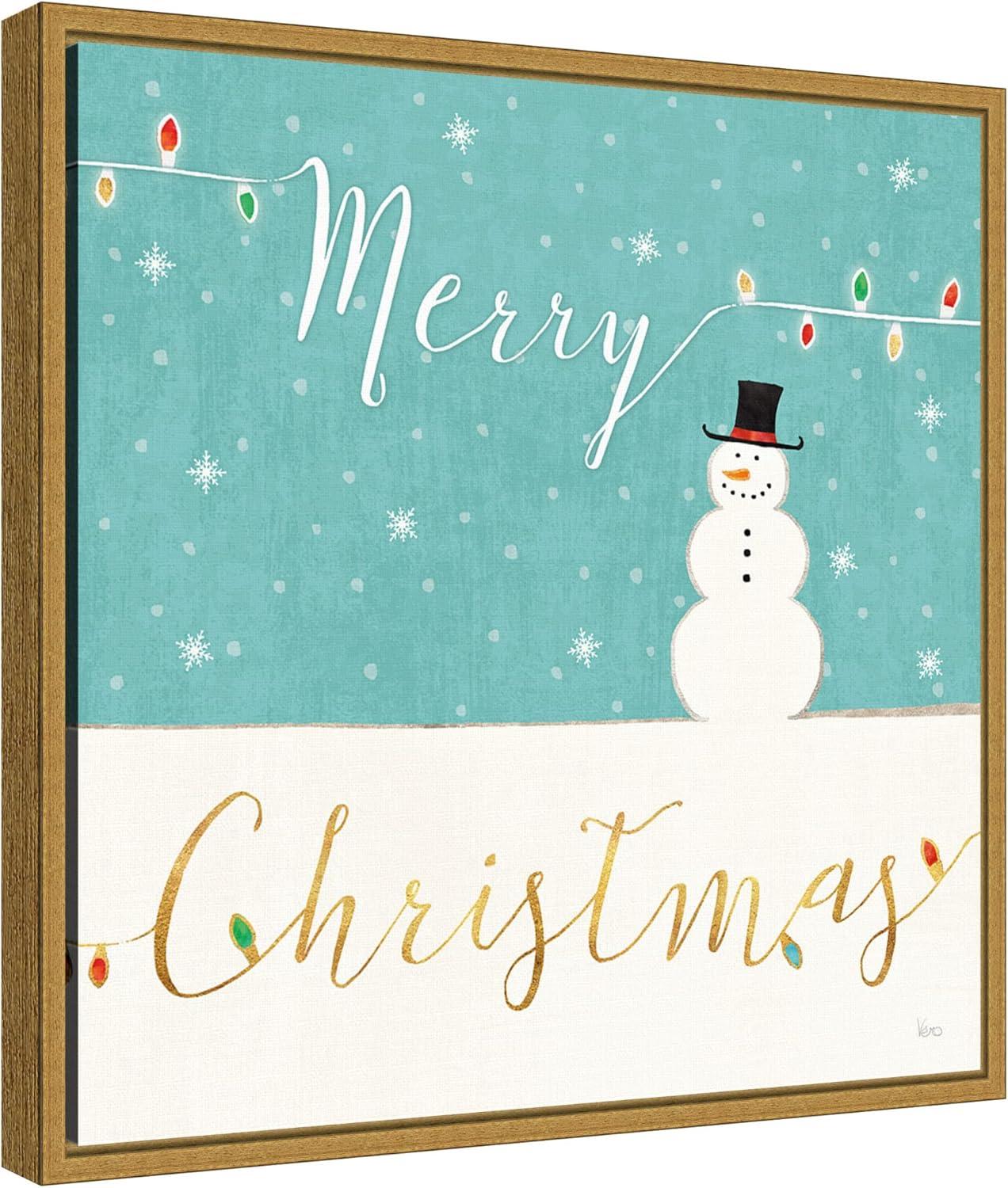 Merry Christmas Snowman Canvas Print with Gold Frame