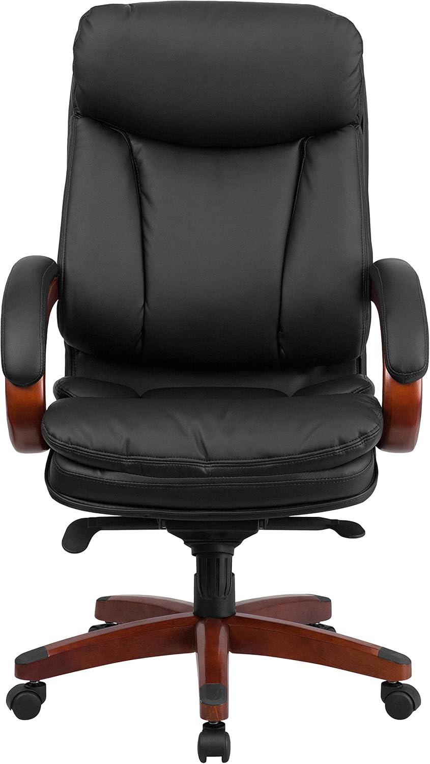 High Back Black Leather Executive Swivel Office Chair with Mahogany Wood Base