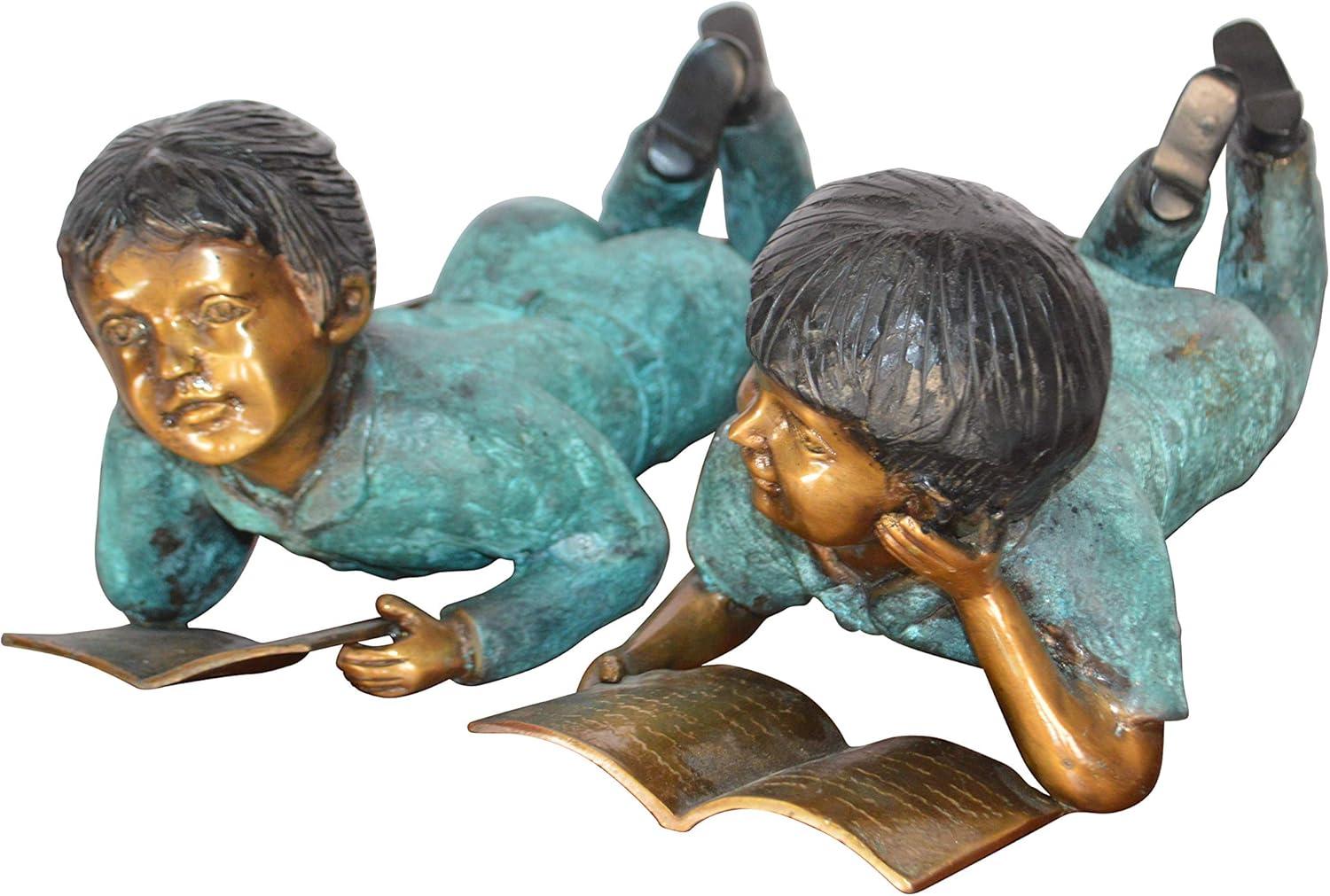 Set of a Boy and a Girl Reading a Book Bronze Statue - Size: 16"L x 7"W x 8"H.