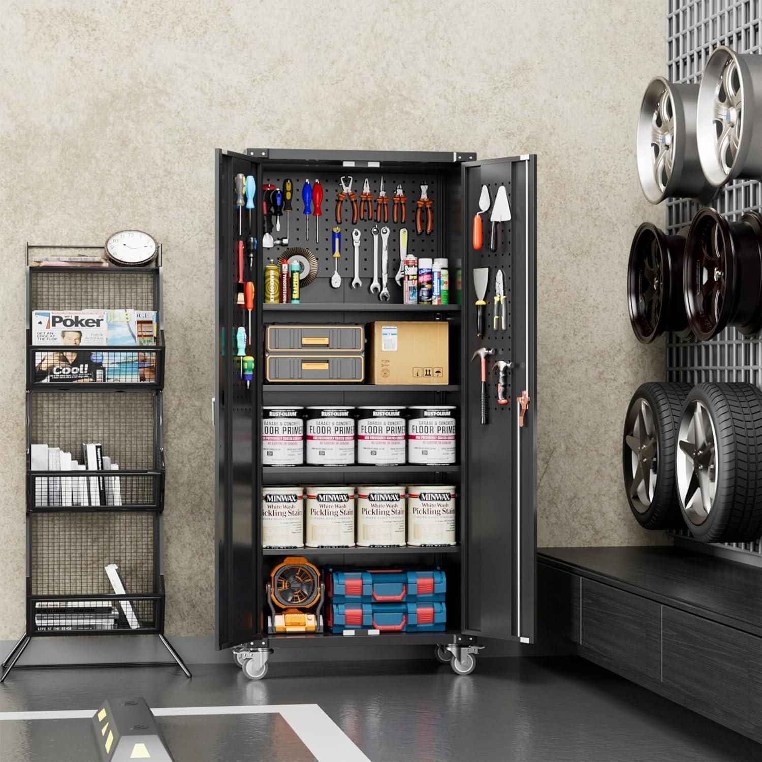 AOBABO 72 Inch Locking Metal Garage Storage Cabinet with Universal Rubber Wheels with Lockable Casters, Pegboards, and Magnetic Doors, Black