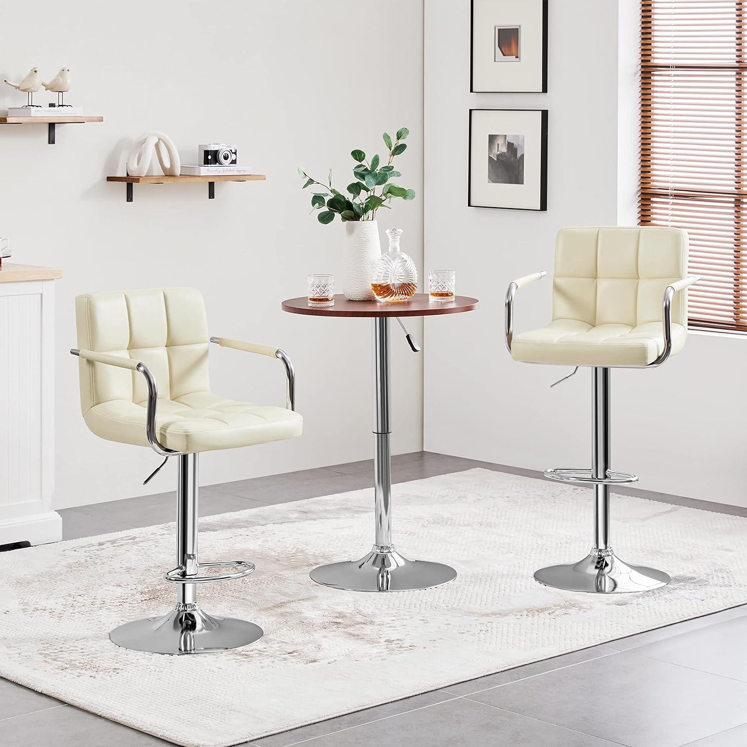 Beige Adjustable Swivel Faux Leather Bar Stools with Chrome Base, Set of 2