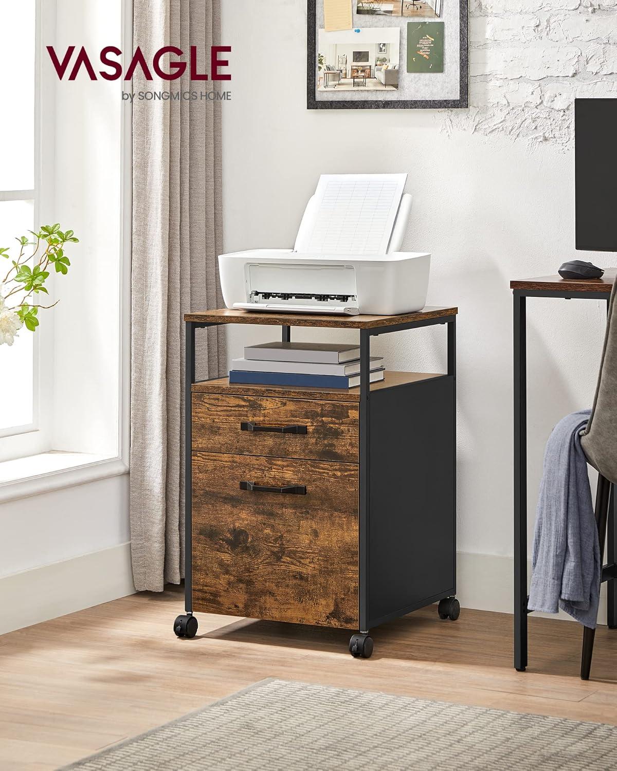 Rustic Brown and Black Mobile 2-Drawer Lockable File Cabinet