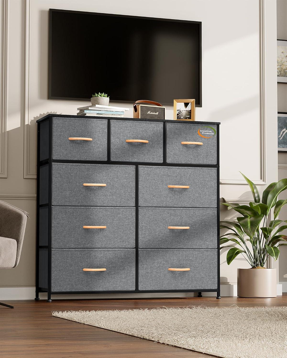 Crestlive Products Home Extra Wide Closet Dresser Storage Tower Organizer Unit 9 Drawers Grey Dark Wood
