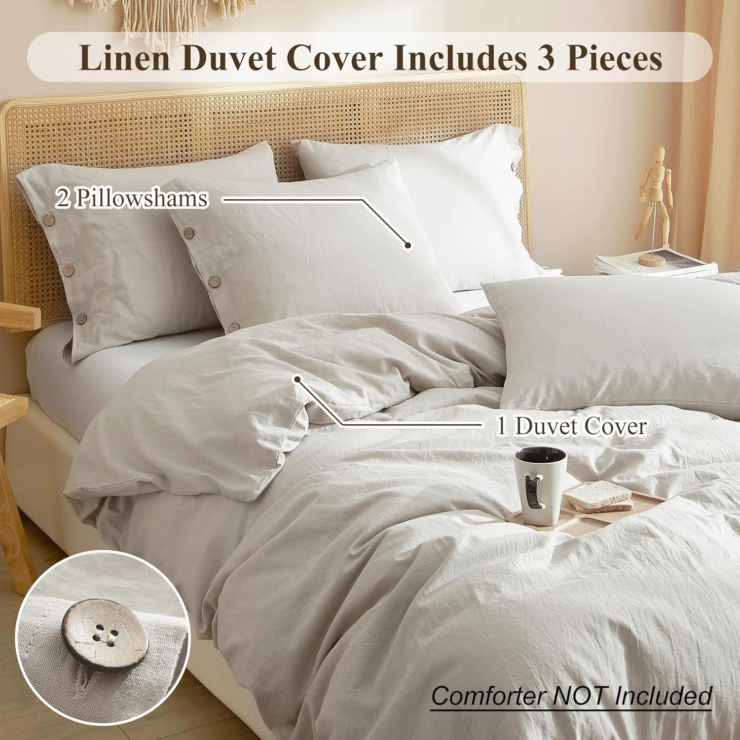 Ivellow Linen Cotton Blend Duvet Cover Set Queen - Jaquard Floral Textured Ultra Soft Breathable Grey Botanical Garden Flower Leaves Branch Bedding Set 3 Pcs