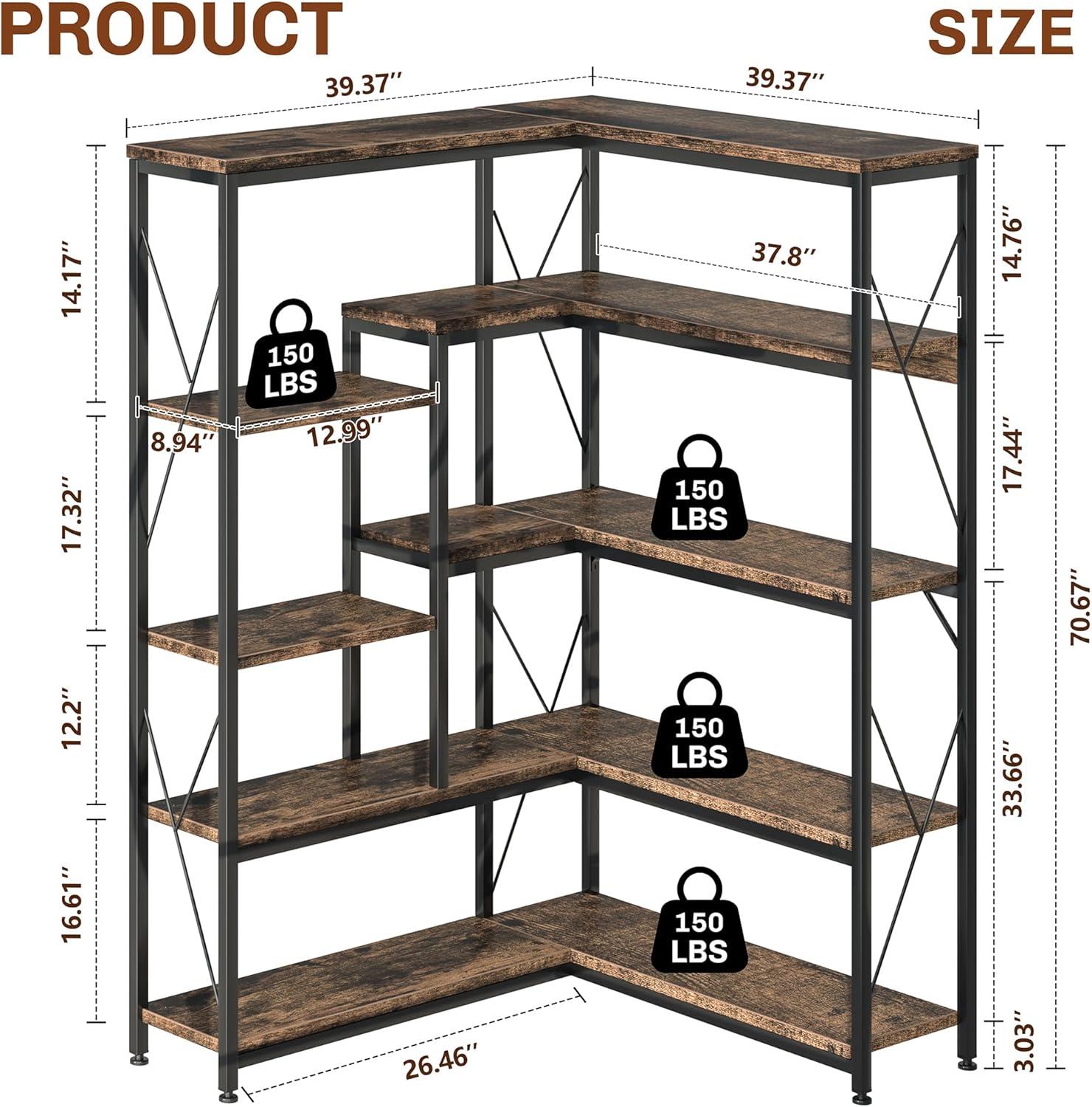 IRONCK Bookcases and Bookshelves, 5-Tiers Corner Bookcase with Curved Panels, L Shaped Shelf with Metal Frame for Open Storage for Living Room Home Office