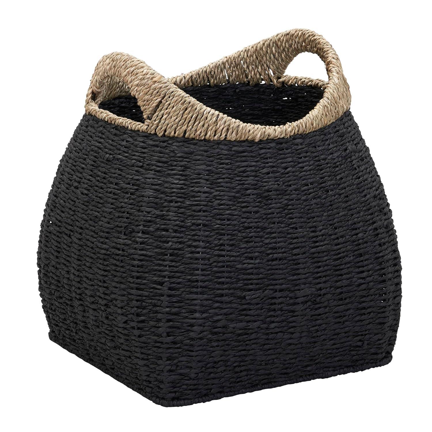 Household Essentials Basket with Handles Seagrass: Handwoven Round Storage, Brown Decorative Wicker, 14" Height