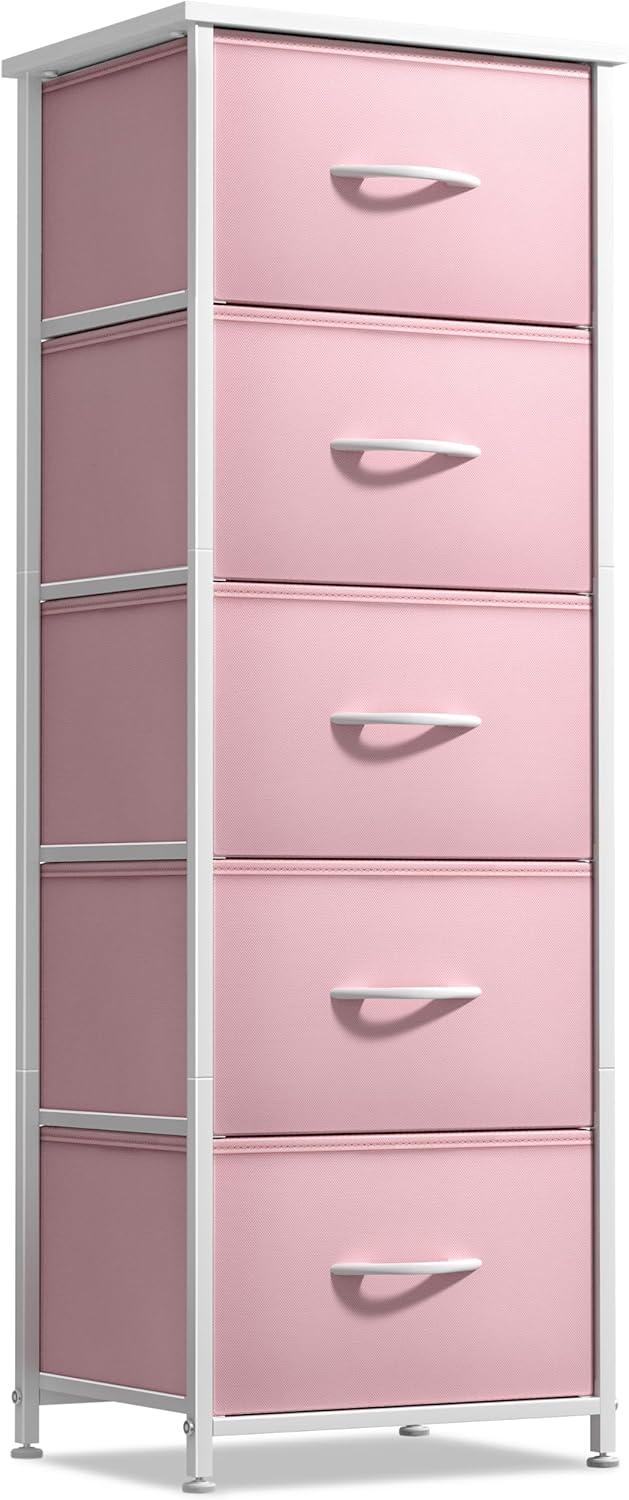 Sorbus Fabric Dresser for Kids Bedroom - Chest of 5 Drawers, Tall Storage Tower, Clothing Organizer, for Closet, for Playroom, for Nursery, Steel Frame, Fabric Bins - Wood Handle (Pink)