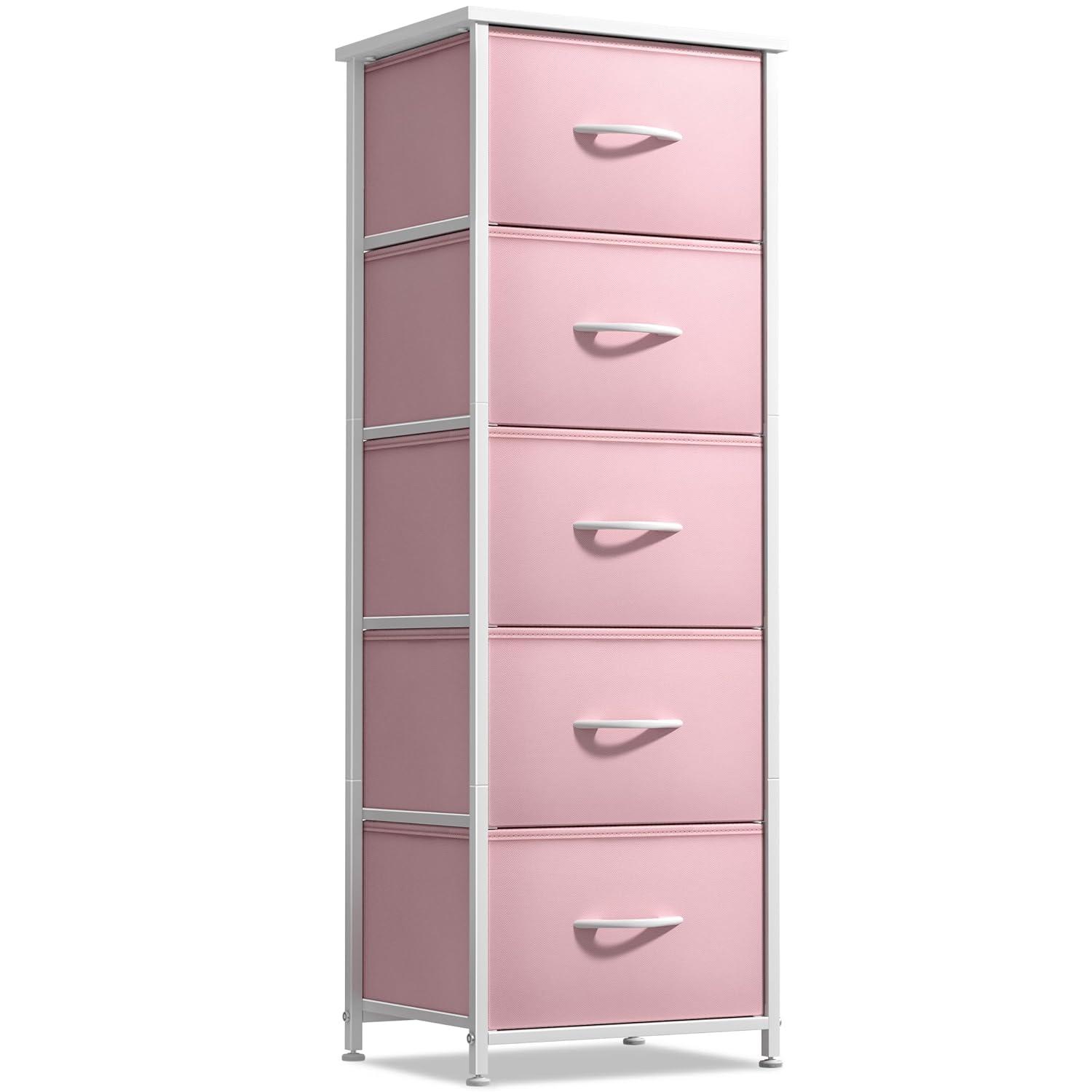 Sorbus Fabric Dresser for Kids Bedroom - Chest of 5 Drawers, Tall Storage Tower, Clothing Organizer, for Closet, for Playroom, for Nursery, Steel Frame, Fabric Bins - Wood Handle (Pink)