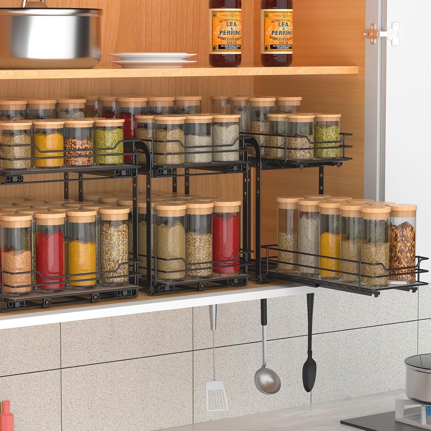 Black Metal 2-Tier Pull Out Spice Rack Organizer