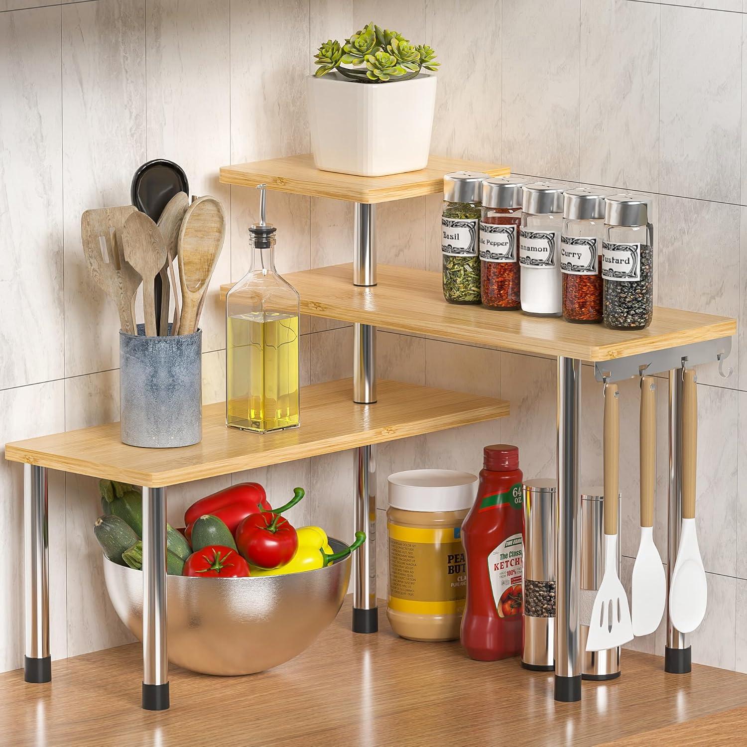 Adjustable 3-Tier Bamboo and Stainless Steel Corner Shelf Organizer