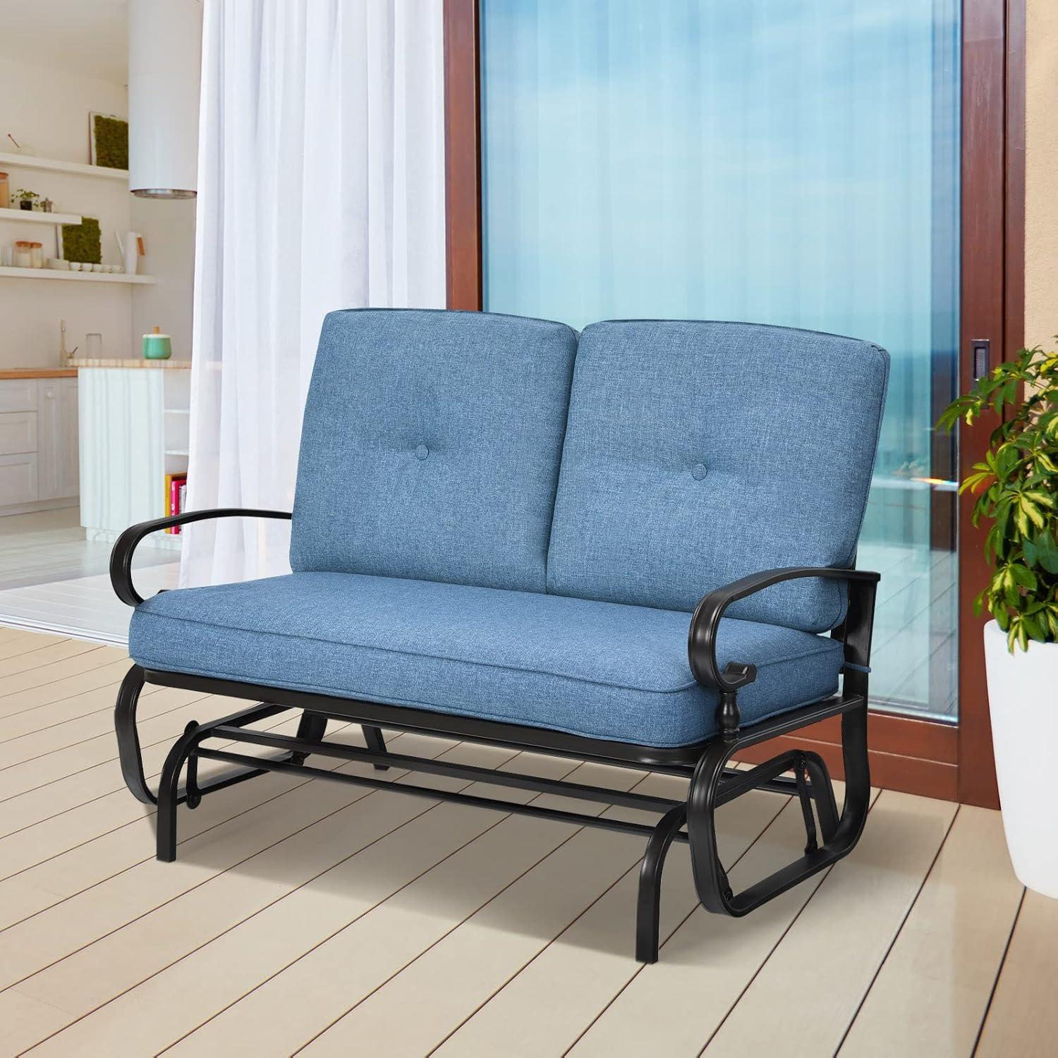 Costway 47.5 in. W 2-Person Brozen Frame Metal Outdoor Glider with Blue Cushion