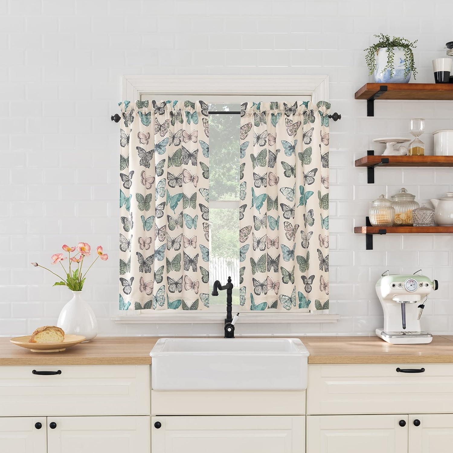 2pc 56"x24" No. 918 Sheer Magdalena Butterfly Print Rod Pocket Kitchen Curtain Tier Pair: Polyester, Machine Washable