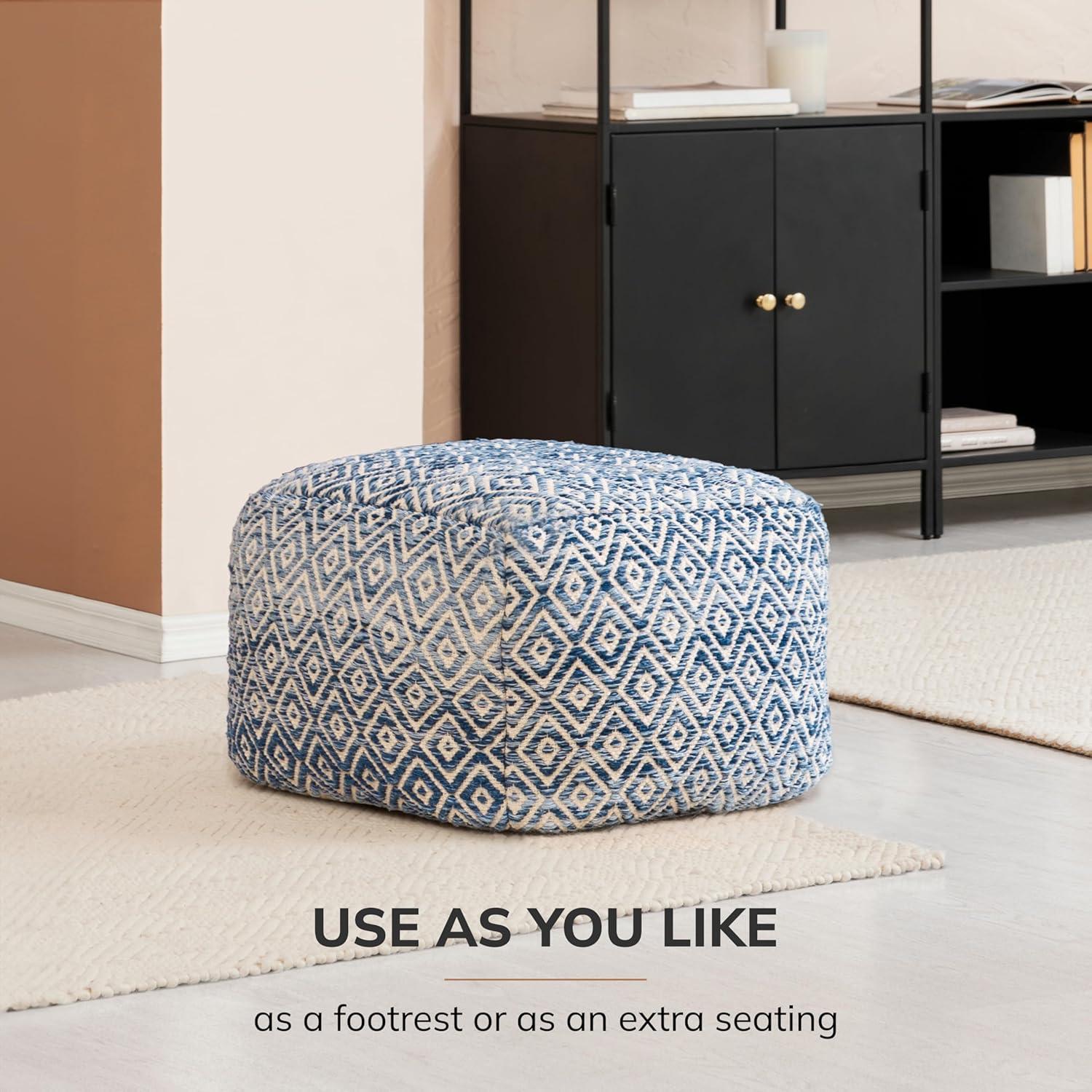 Chero Distressed Diamond 22" Square Pouf Ottoman Blue and Beige