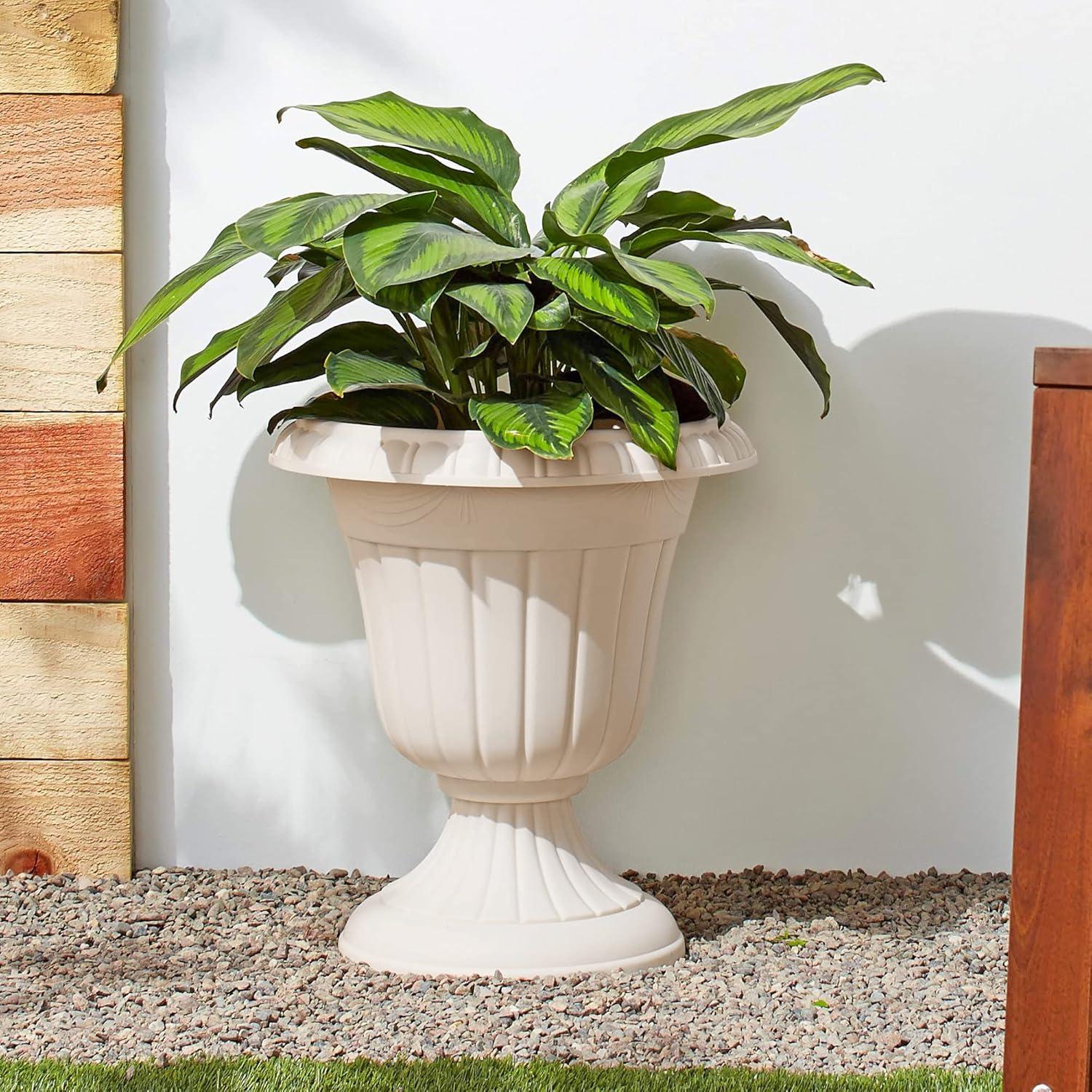 Classic Beige Traditional Plastic Urn Planter, 18" Height for Outdoor Spaces