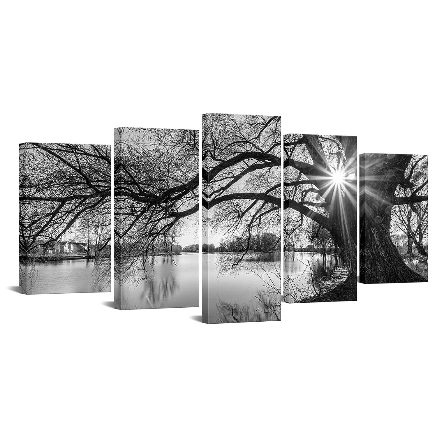 5 Pieces Wall Art Old Tree by Lake Picture Canvas Prints Sunrise Painting Black and White Landscape Canvas Art Modern Wall Decoration Framed and Ready to Hang