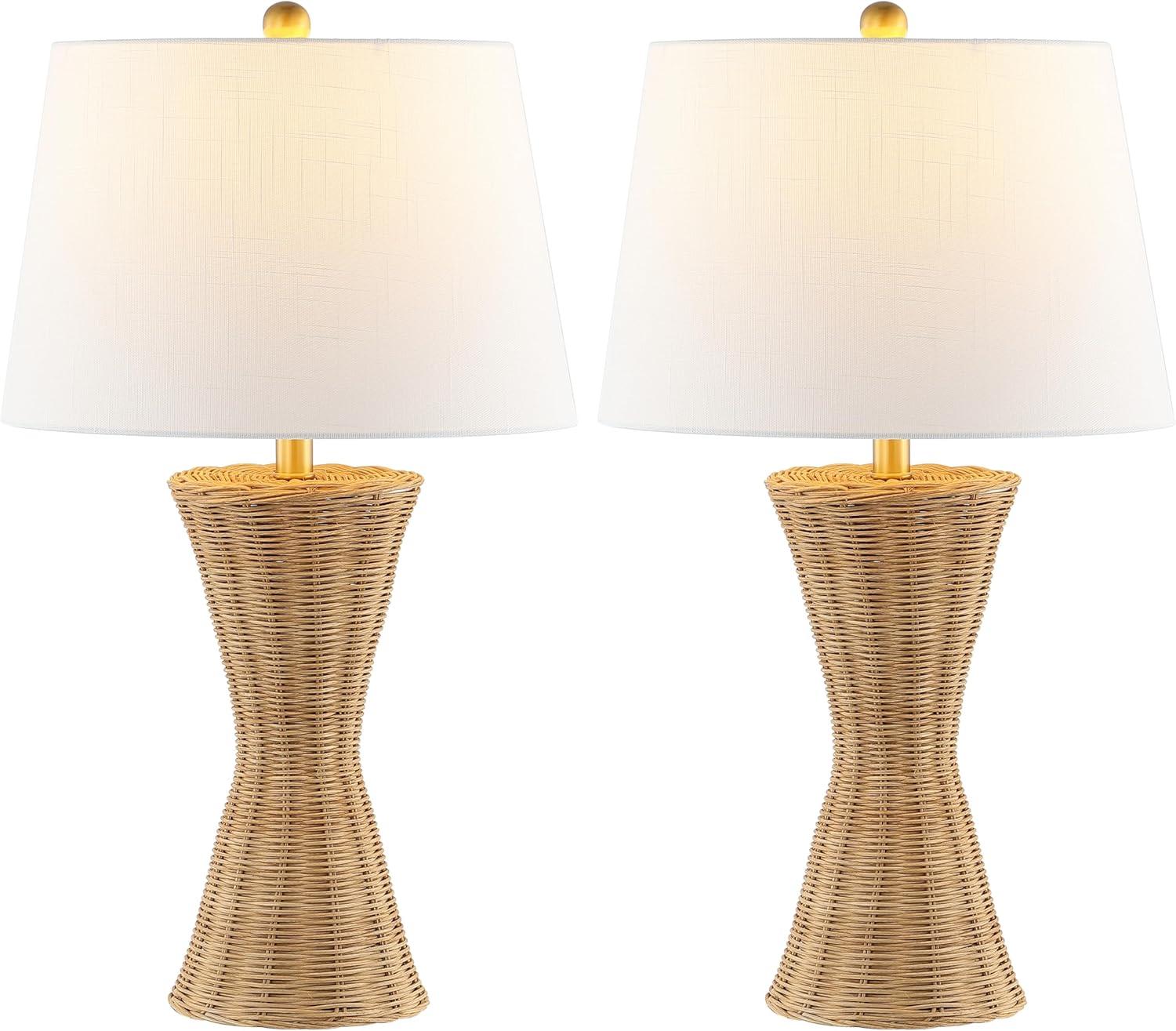 Laura 27 in. Coastal Designer Iron/Rattan Wicker LED Table Lamp Set with Rattan Base and Linen Shade, Natural (Set of 2)