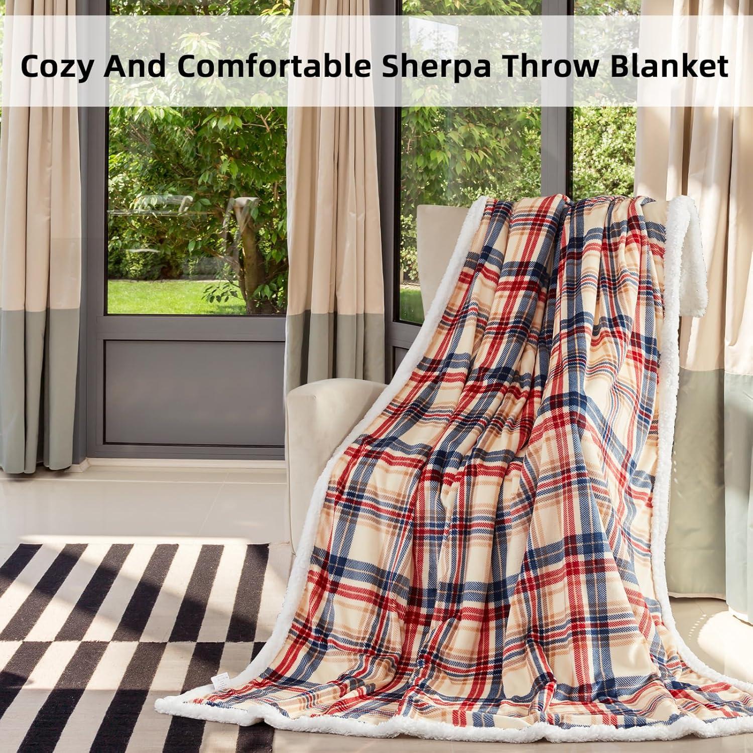 inhand Sherpa Throw Blanket Plaid Checkered Warm Blanket for Couch, Bed, Sofa Reversible Fluffy Flannel Fleece Blanket and Throw for Adults, Women, Men, Ideal for Christmas (Dark Red, 50”x 60”)