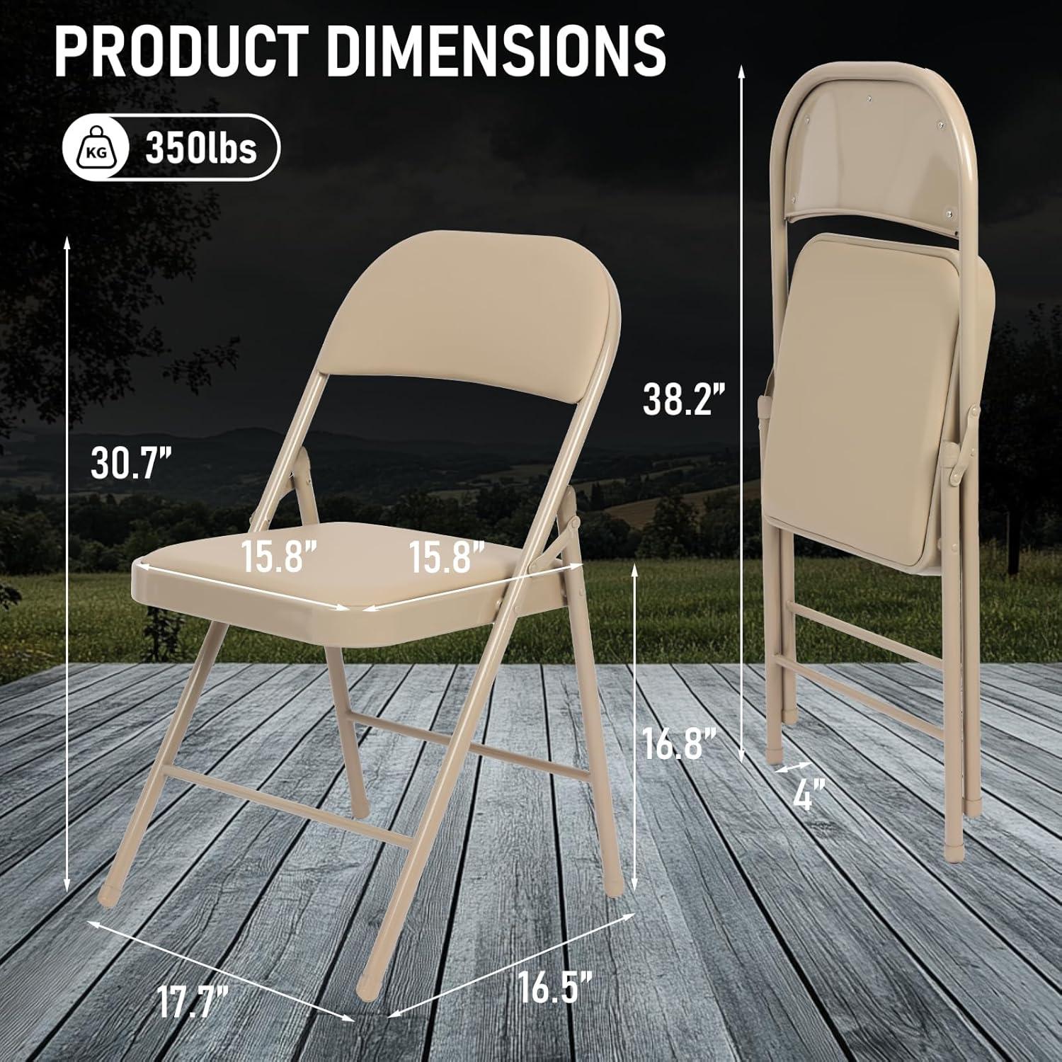Khaki Armless Leather Metal Frame Folding Chairs, Set of 4