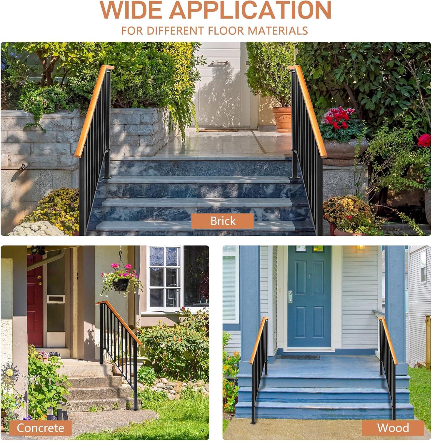 HLL Handrails for Outdoor Steps, Black Wrought Iron Handrail Fits 4 or 5 Steps, Transitional Handrail with Installation Kit, Stair Railing for Concrete Steps or Wooden Stairs