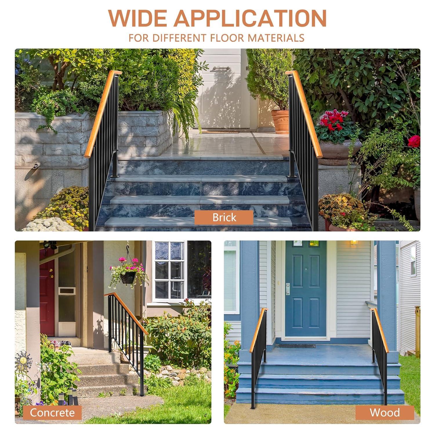 HLL Handrails for Outdoor Steps, Black Wrought Iron Handrail Fits 4 or 5 Steps, Transitional Handrail with Installation Kit, Stair Railing for Concrete Steps or Wooden Stairs