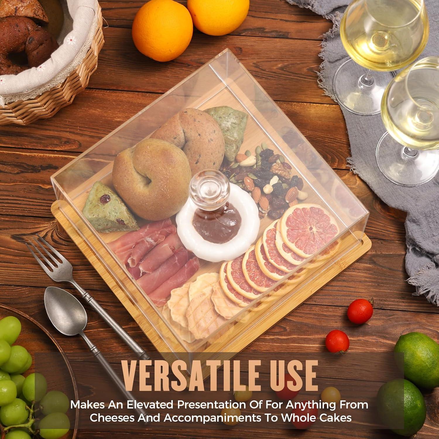 Square Cake Stand with Lid，11in Bamboo Cake Stand with Dome，Dessert Display Stand with Acrylic Cover for Cheese，Pie，Chips & Dips，Serving Platter with Cover for Kitchen/Party/Wedding/Birthday
