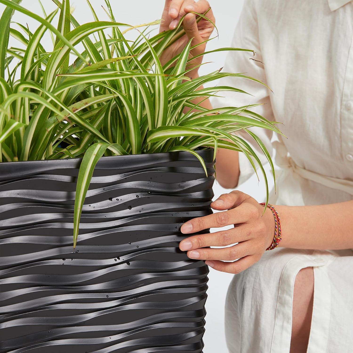 WORTH 22 inch Planters for Indoor Plants,Black Planters Outdoor Set of 2, Plastic Square Pots for Plants, Matte Wavy Modern Planter Large Plant Pot Tree Pot