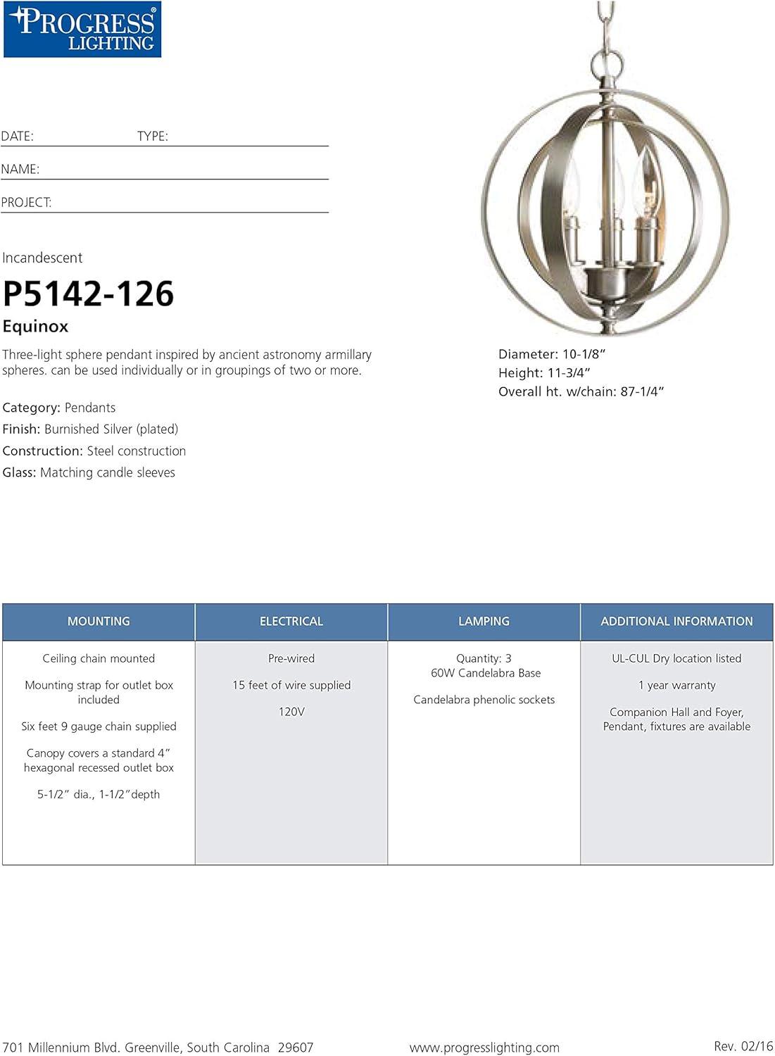 Progress Lighting Equinox 3-Light Mini-Pendant, Burnished Silver, Steel, Armillary Sphere Shade