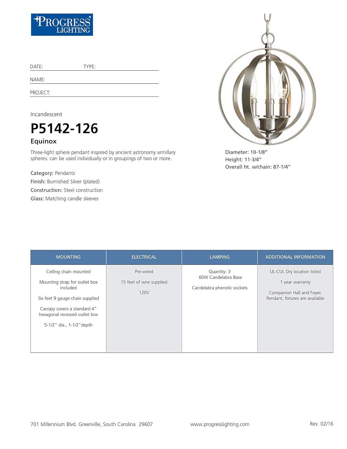 Progress Lighting Equinox 3-Light Mini-Pendant, Burnished Silver, Steel, Armillary Sphere Shade