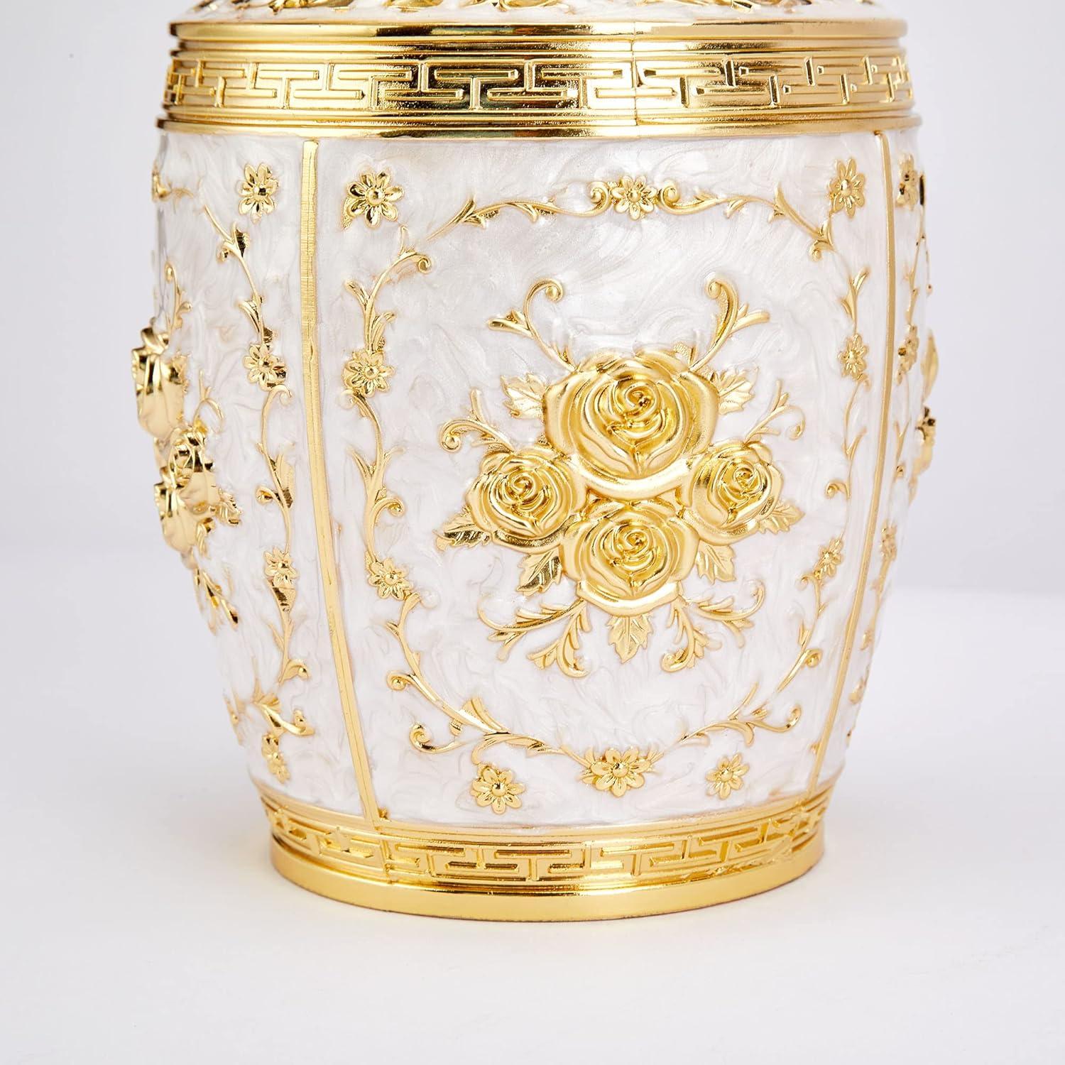 Gold and White Rose Embellished Medium Metal Urn