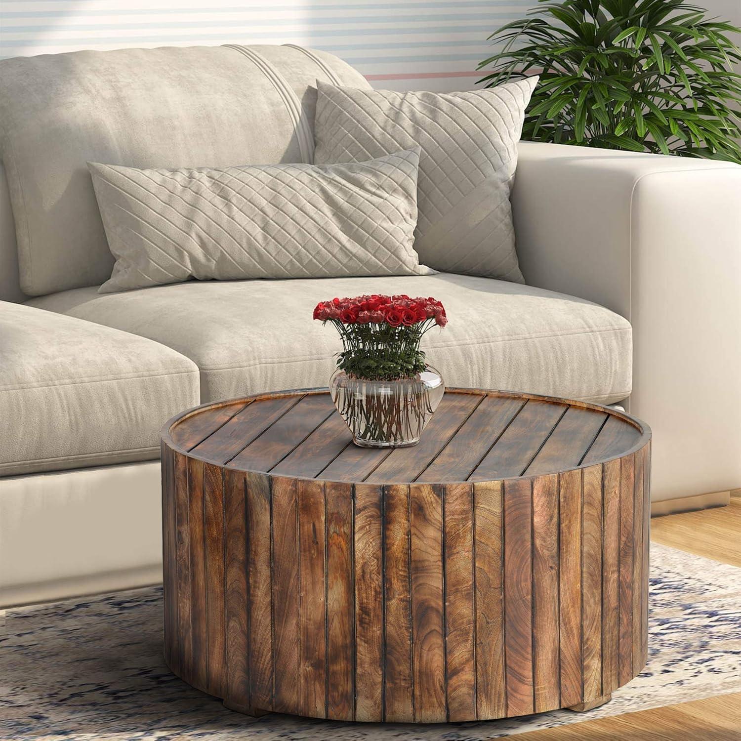 34 Inch Handmade Wooden Round Coffee Table with Plank Design, Burned Brown- Saltoro Sherpi