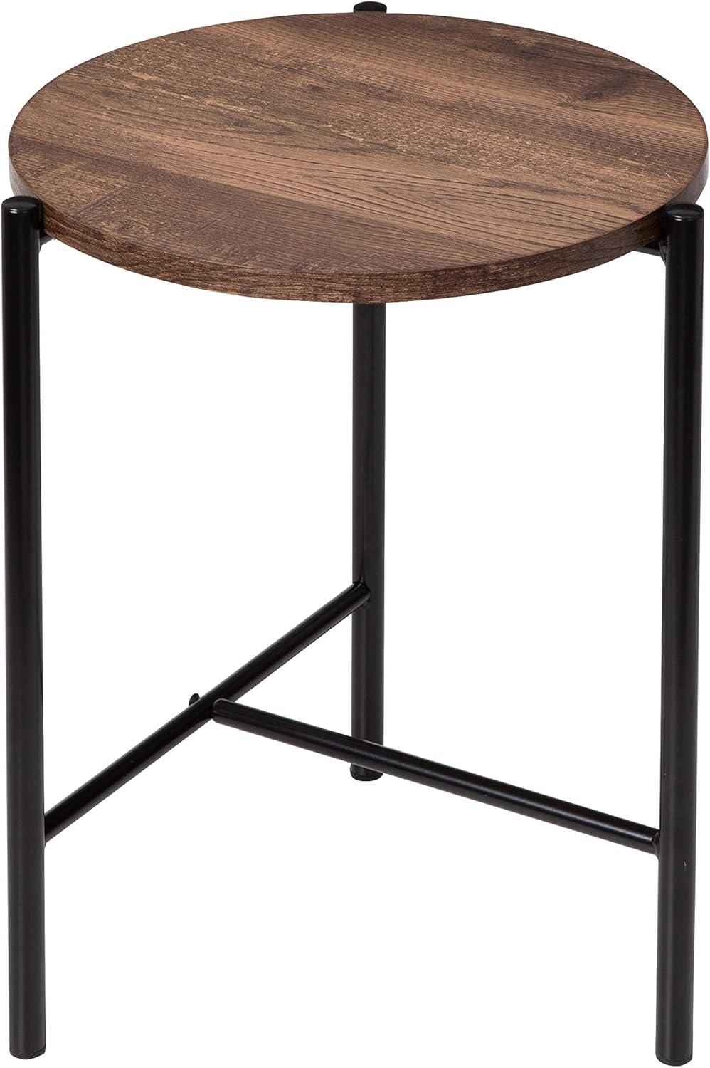 Natural Wood and Black Metal Round Side Table