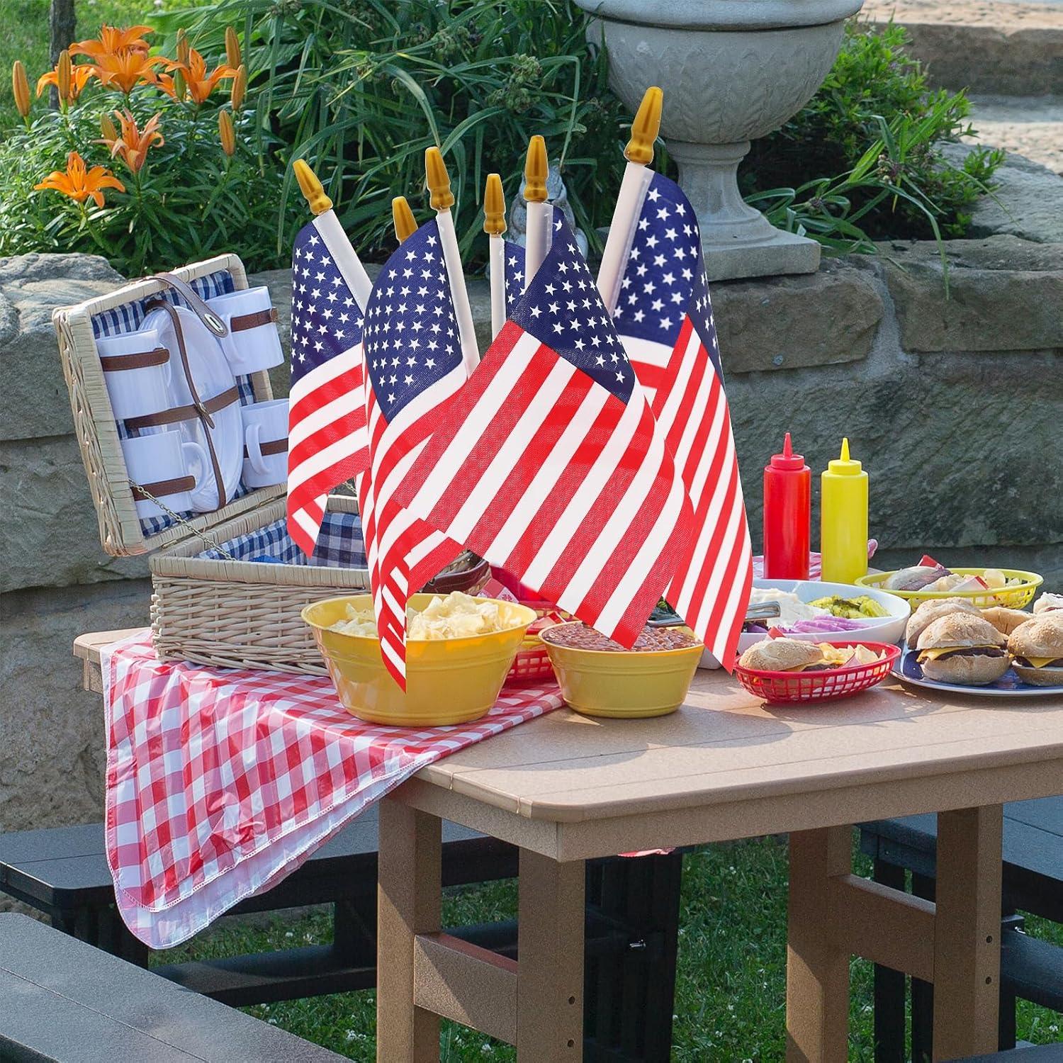 12 Pack Small American Flags Small US Flags/Mini American Flag on Stick 8x12 Inch US American Hand Held Stick Flags with Kid-Safe Spear Top, Polyester Full Color Tear-Resistant Flag