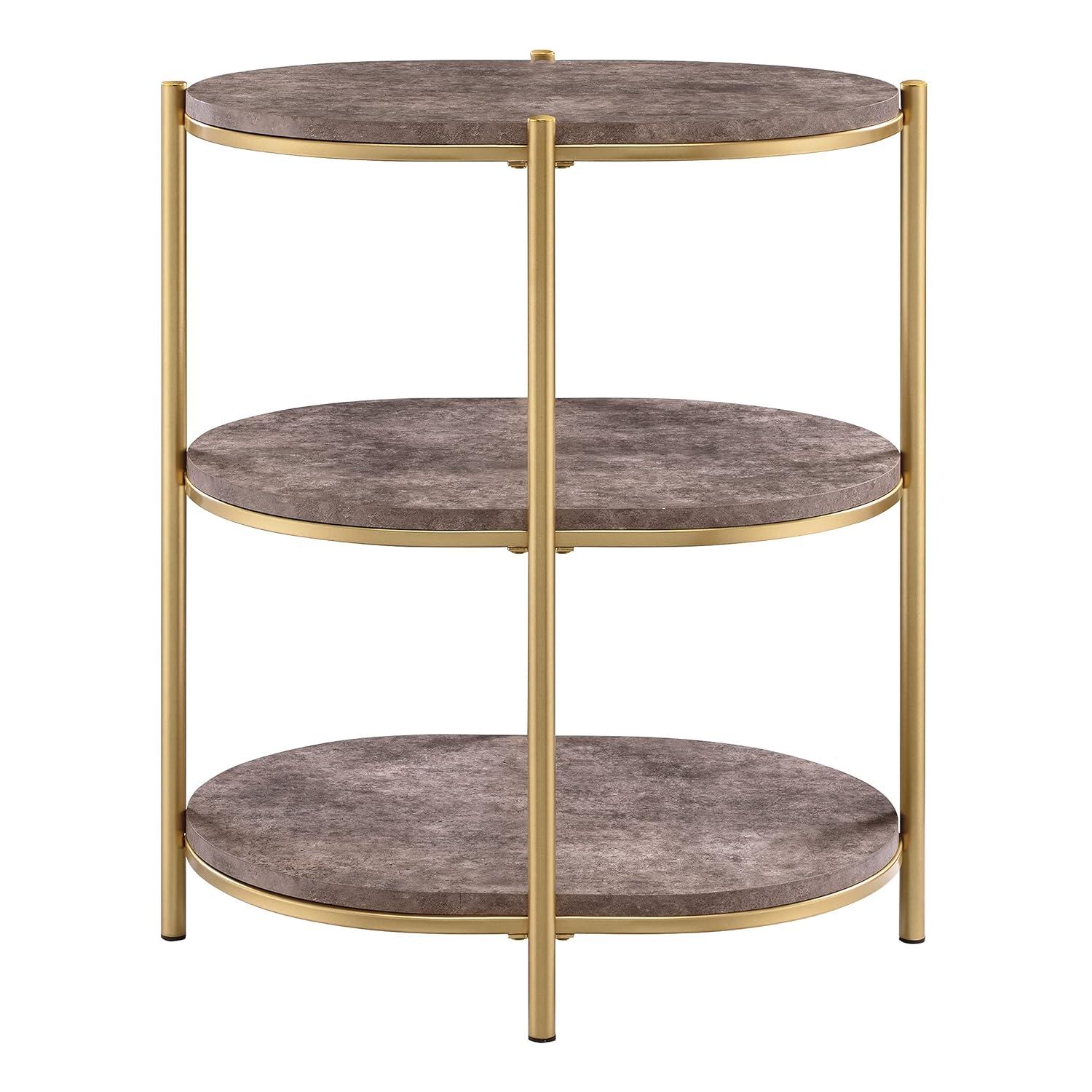 OSP Home Furnishings Renton 3-Tier Oval Side Table, Brown Stone Shelves and Soft Gold Frame