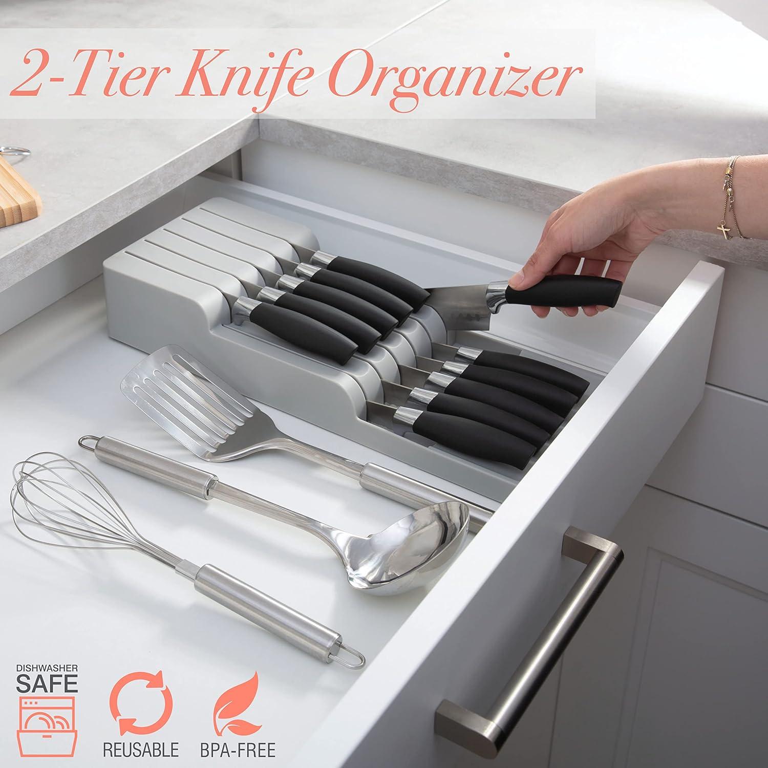Gray Plastic 2 Tier Knife Drawer Organizer with 11 Slots