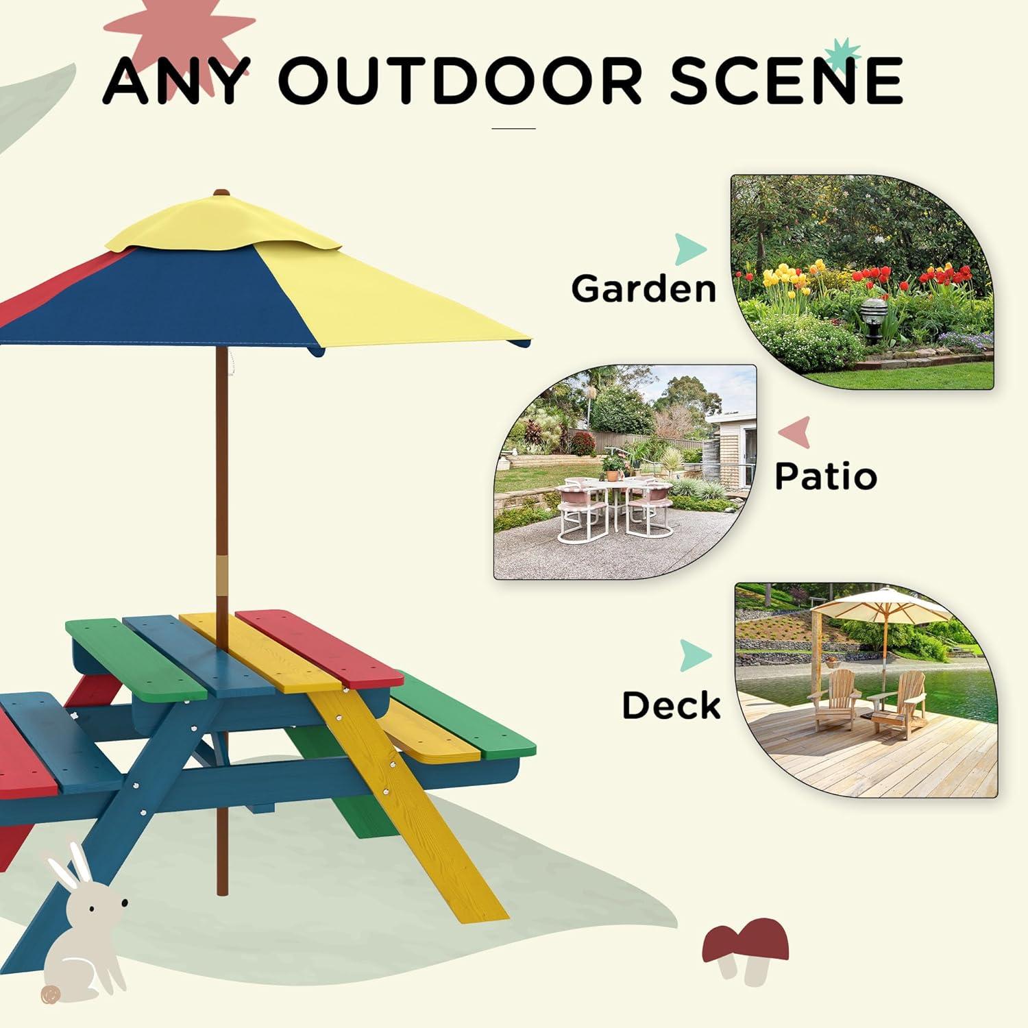 Outsunny Kids Picnic Table Set with Parasol, Wooden Outdoor Bench Set with Seating for 2 Children 3-6 Years Old, for Patio, Backyard, Indoor Use