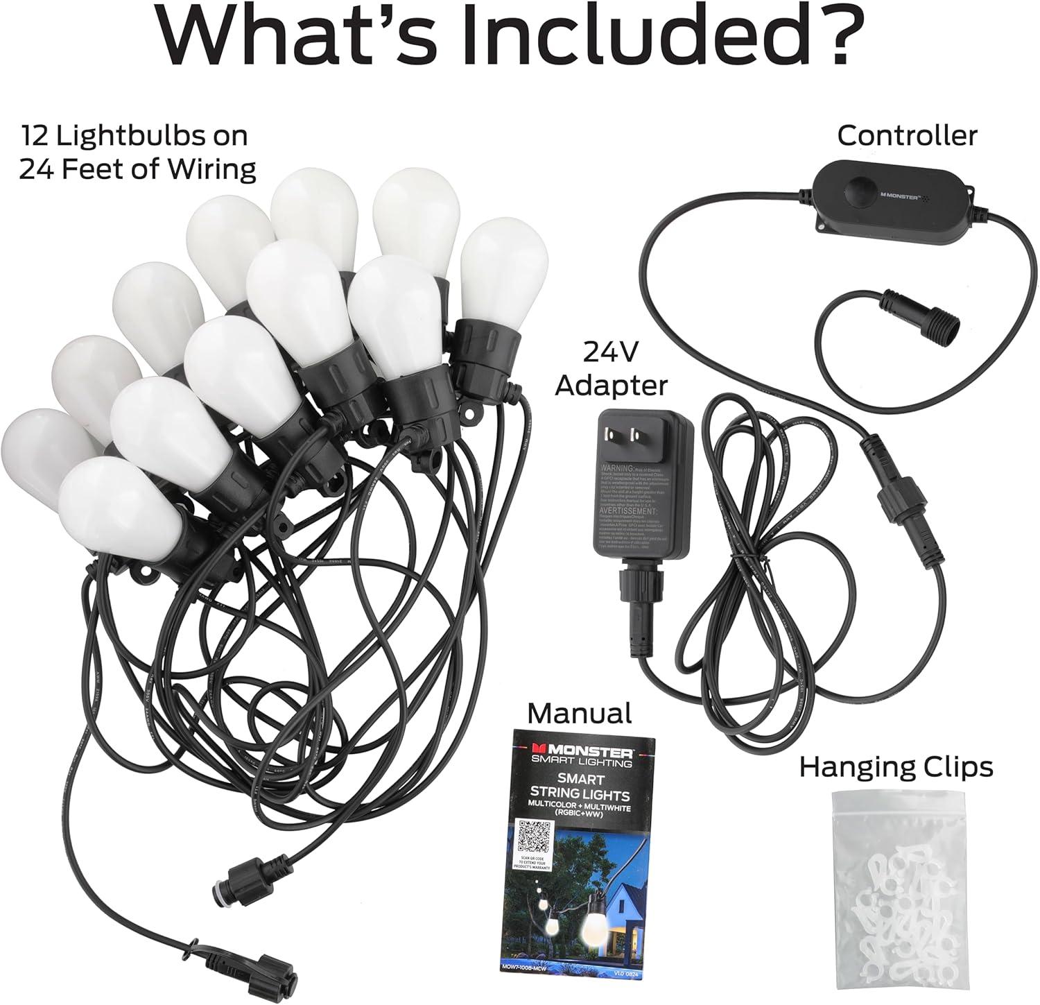 Monster Smart Weather Resistant Sound Reactive Multicolor 24 ft String Lights, 12 LED Lights, Wifi Mobile App & Voice Control, RGB + IC Flow, Corded Electric