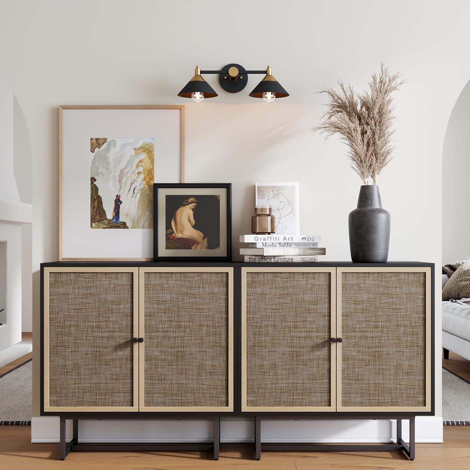 Black Oak and Cane Rectangular Sideboard with Adjustable Shelving