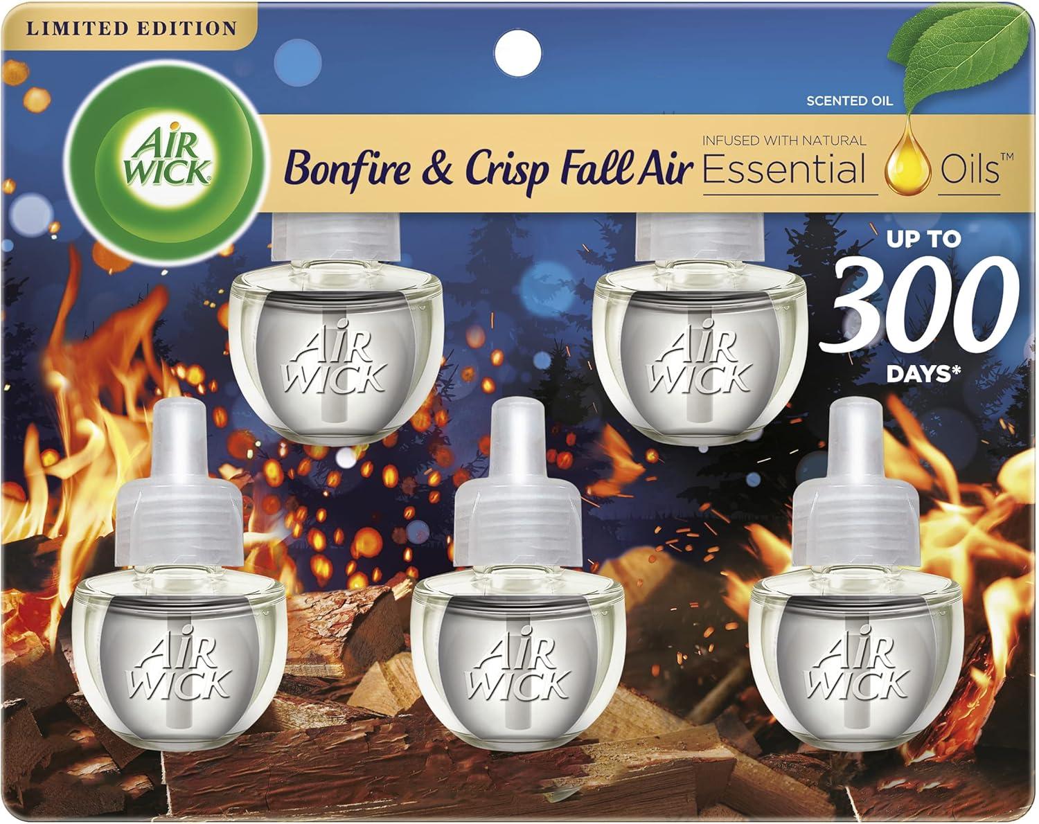 Air Wick Plug in Scented Oil 5 Refills, Bonfire and Crisp Fall Air, Essential Oils, Air Freshener Fall Scent, Fall dÃ©cor